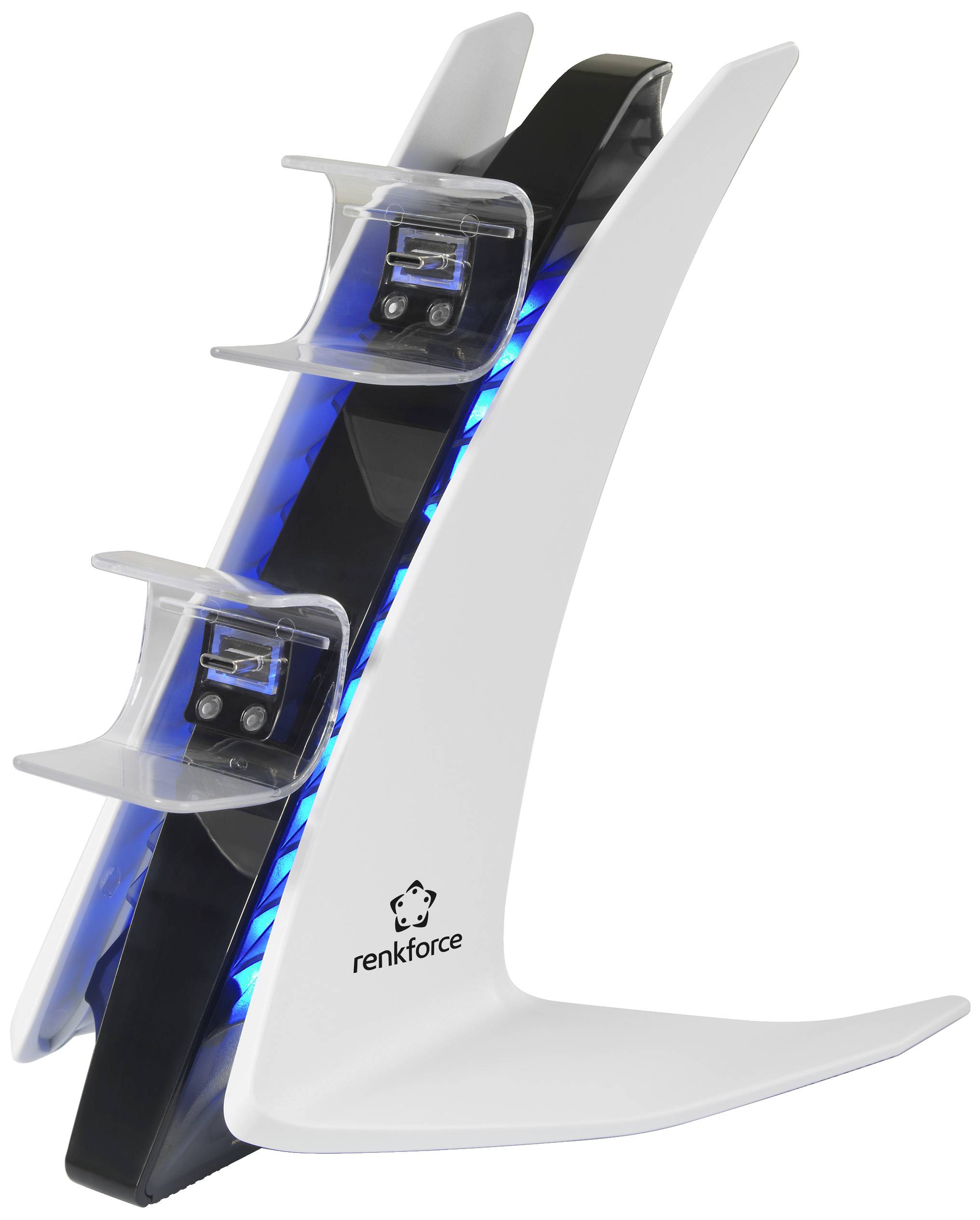 Charging station for two game controllers by renkforce, white with blue illumination, offers space-saving storage and rapid charging.