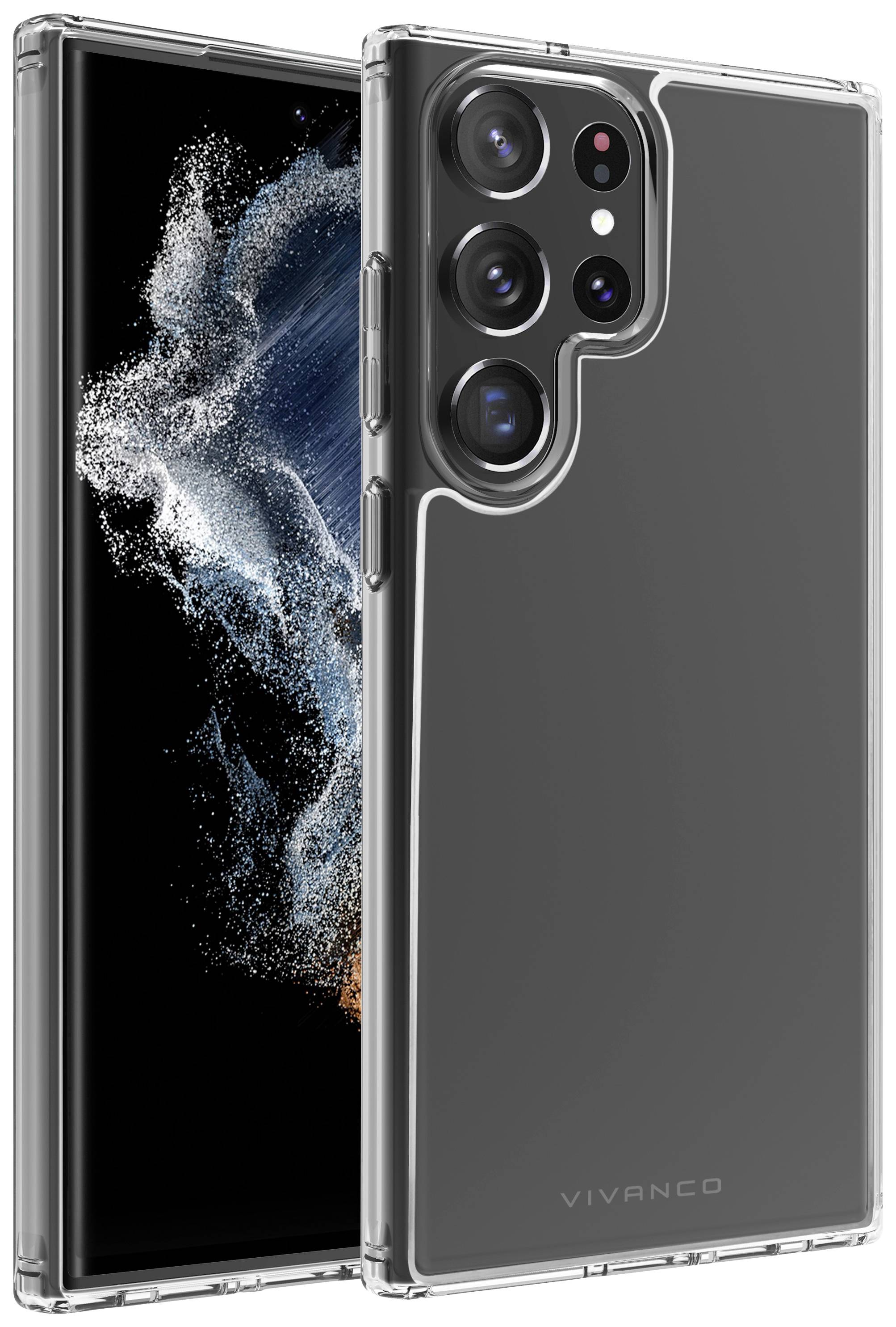 Smartphone with a transparent protective case next to an abstract background of blue and white particles.