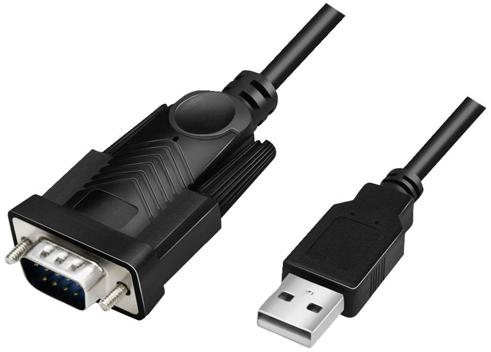 Illustration of a black adapter connecting a serial interface with a USB plug.