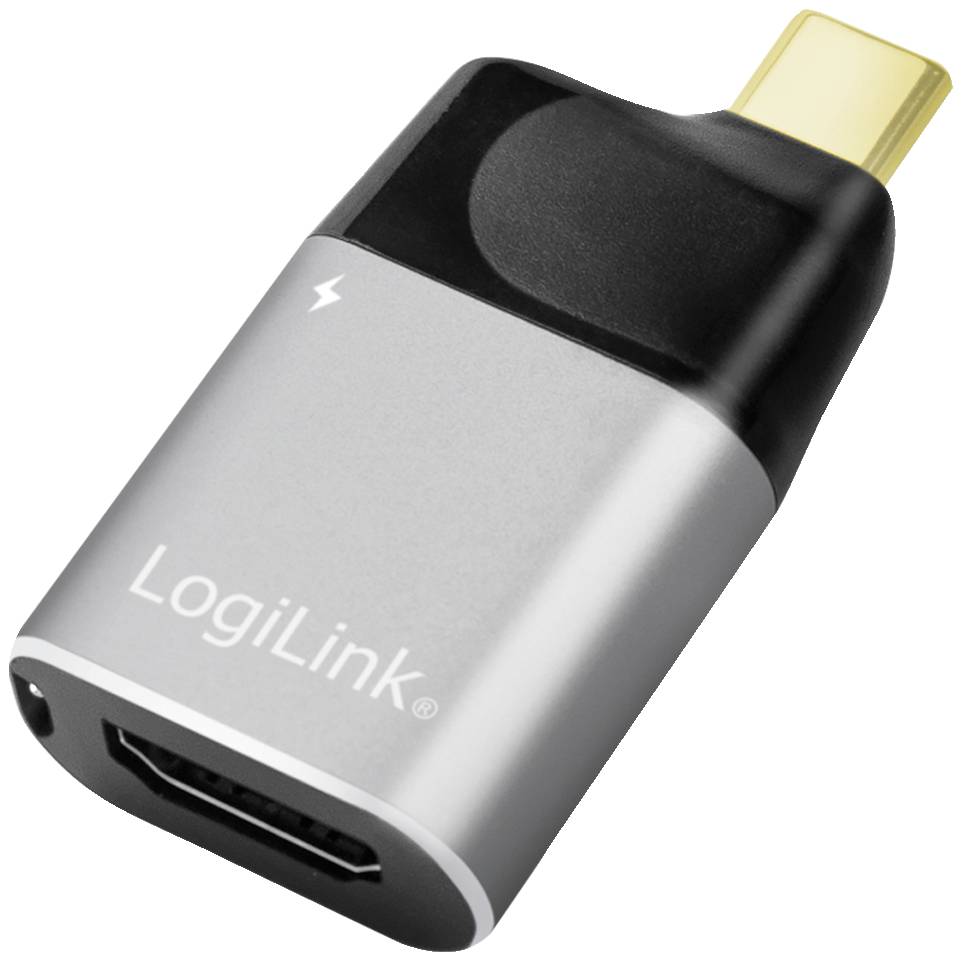 A silver and black LogiLink adapter with HDMI and USB-C ports, which makes connecting devices easier.