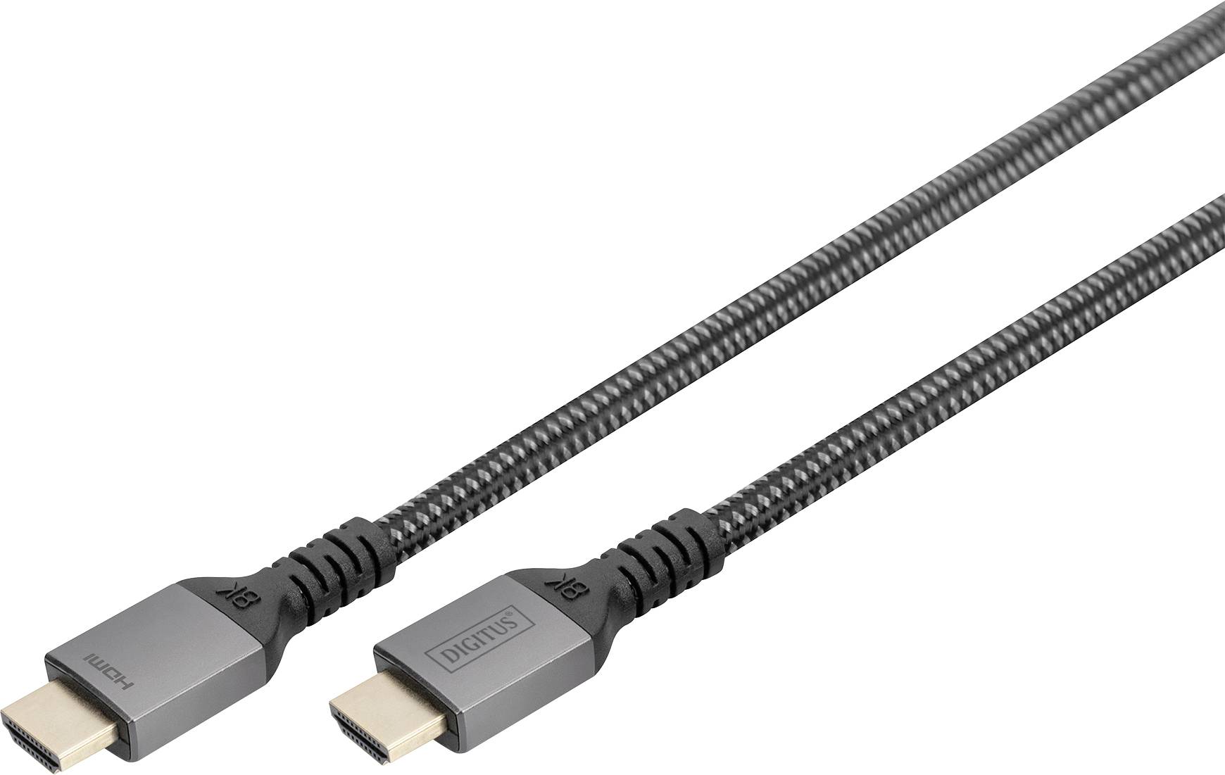Black HDMI cable with metal clips, suitable for high-resolution video transmissions. Two ends with connectors visible.