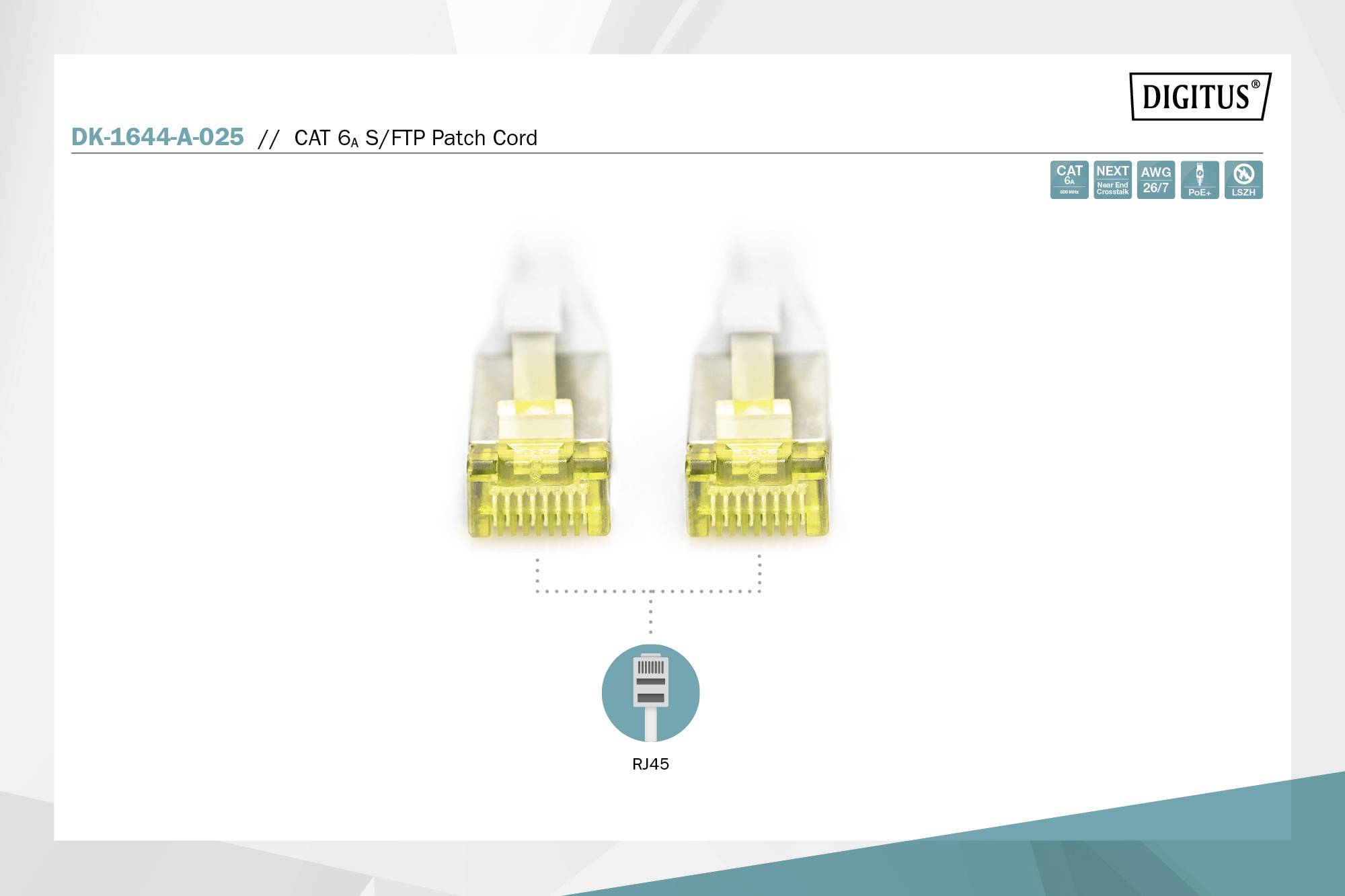 Two RJ45 plugs of a DIGITUS CAT 6, S/FTP patch cable are shown.