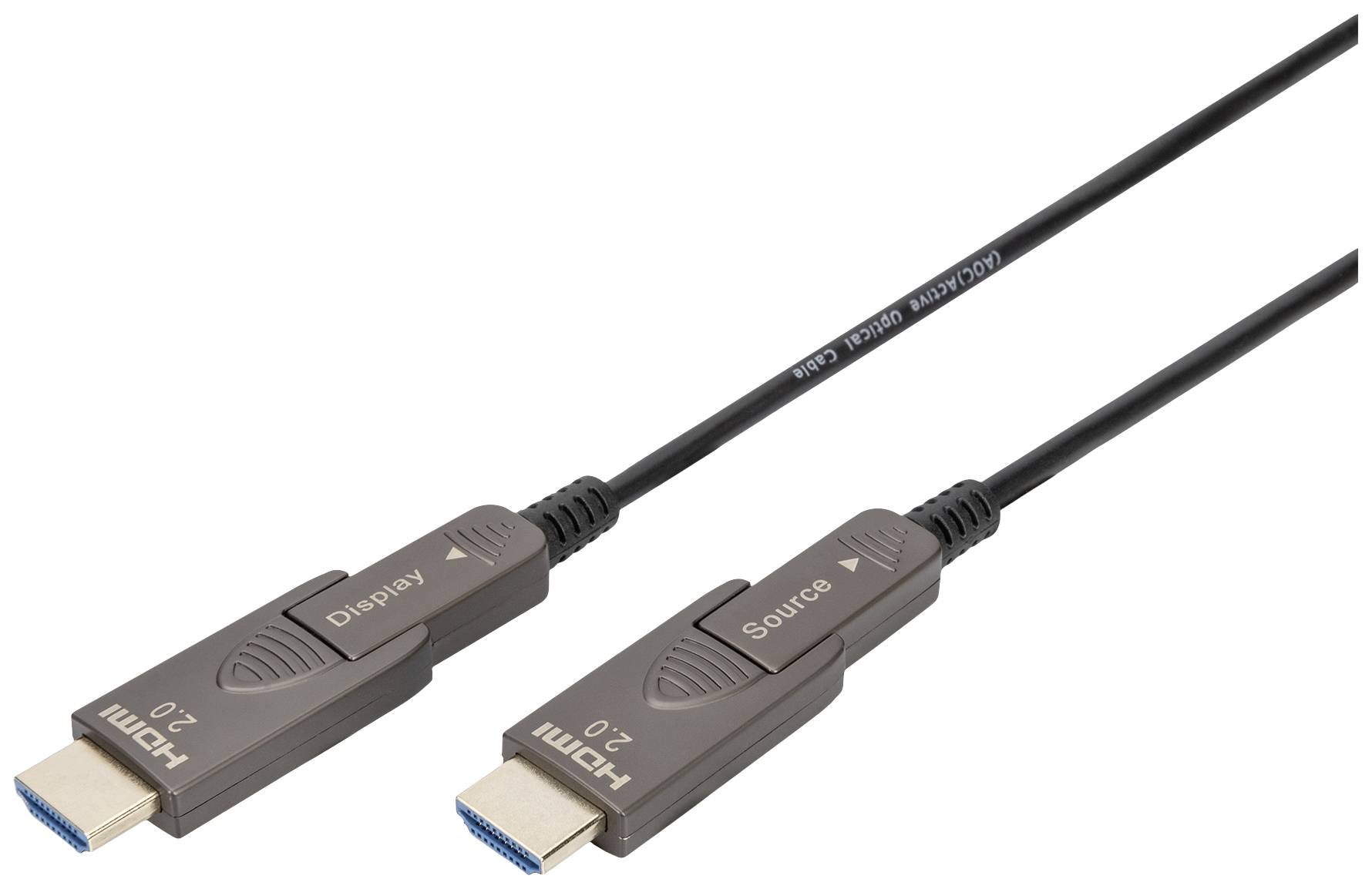 Two HDMI 2.0 cables, one marked with 'Display' and the other with 'Source', demonstrate the direction of signal transmission.