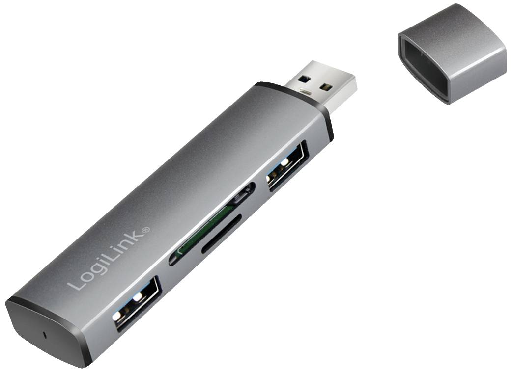 USB hub with three ports and a card slot, LogiLink logo visible, removable cap, grey.