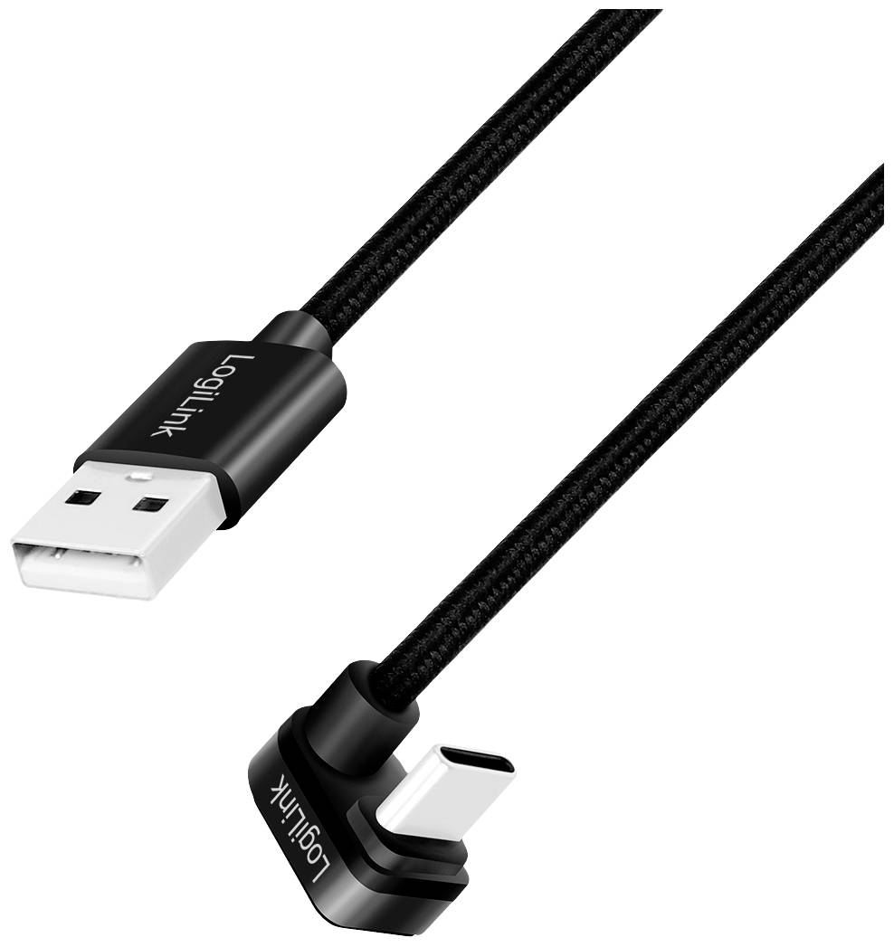 USB to USB-C cable with angled connector and reinforced braided sleeve, suitable for charging and synchronising devices.