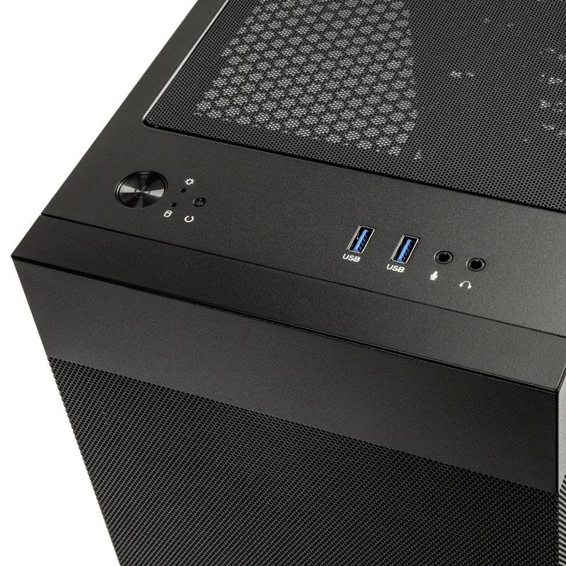 A black metal computer case with USB ports and a power button on the front. A ventilated grille on the top for cooling.