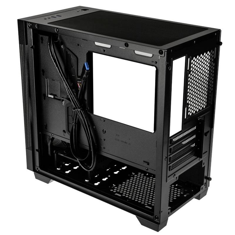 Black computer case without front cover, showing interior with cable management and fan mounting points. Ideal for PC build.