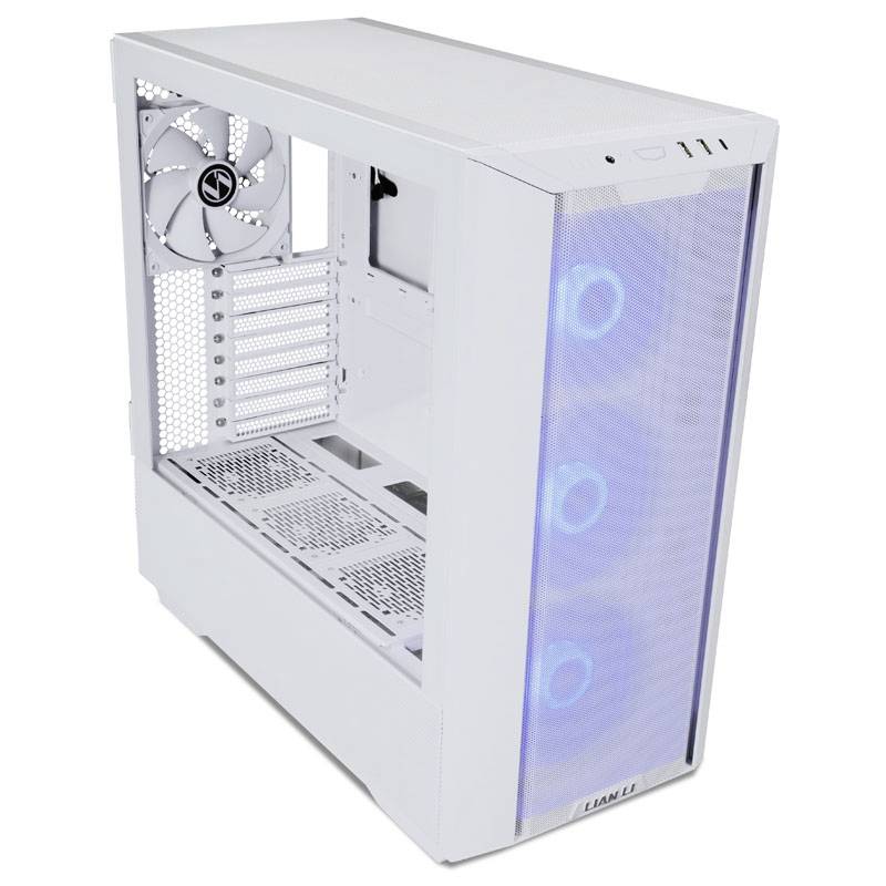 A white computer case with multiple fans. The fans are blue-illuminated, and the case has a transparent front panel.