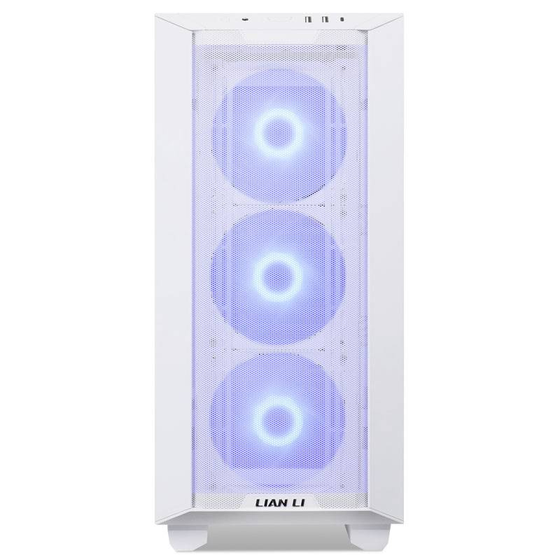 White computer case with three visible blue LED fans, brand 'Lian Li'. Ideal for gaming or high-performance setups.