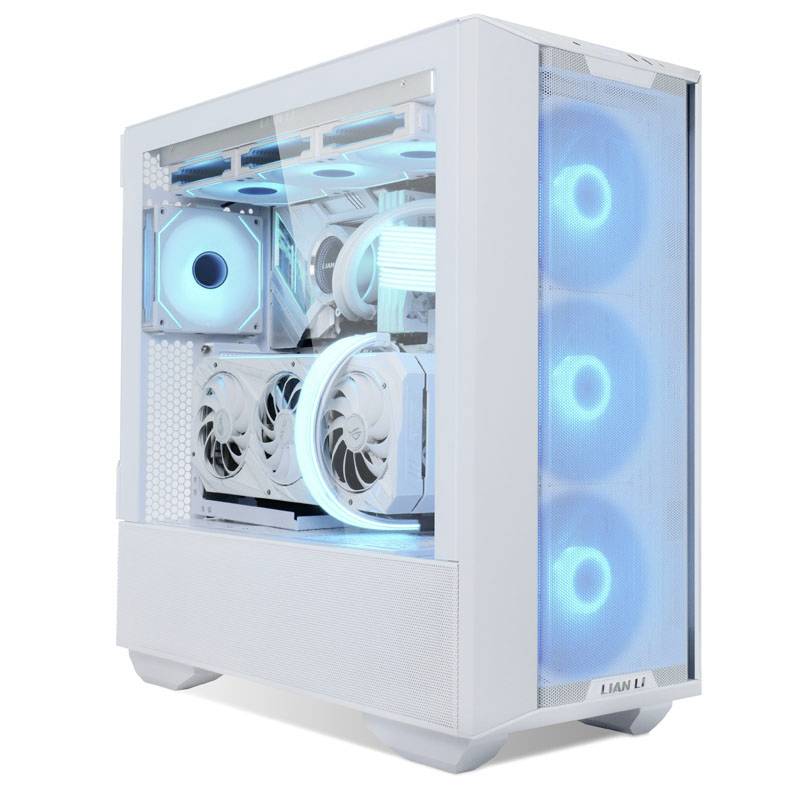 A white computer case with a transparent side panel displays three blue-illuminated fans at the front, two at the top, and three internally.