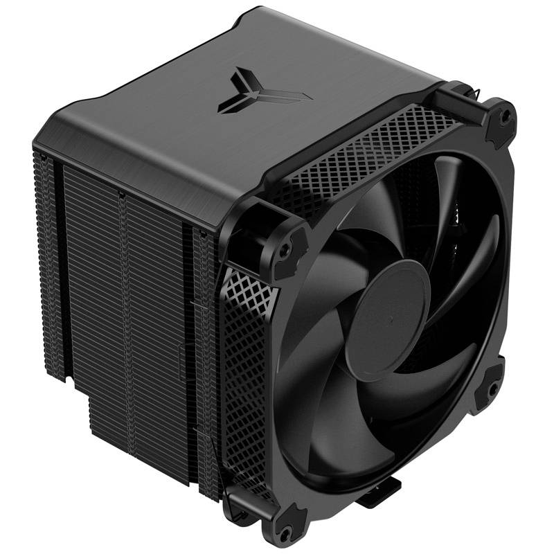 Black computer CPU cooler with large fan and heatsink, suitable for reducing processor temperature in PCs.