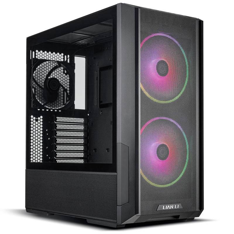 Black PC case with glass window, showing two large, illuminated fans at the front. Includes mounted ventilation slots.