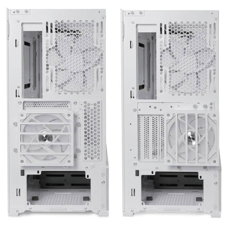 Two white computer cases with open back panels. Visible are case fans, expansion slots, and cable channels.