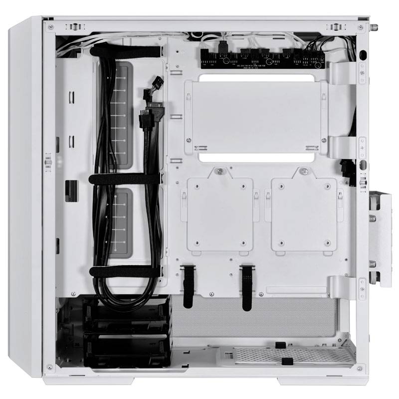 A blank white PC case with an open side panel. Cable management channels, drive bays, and fan mounting locations are visible.