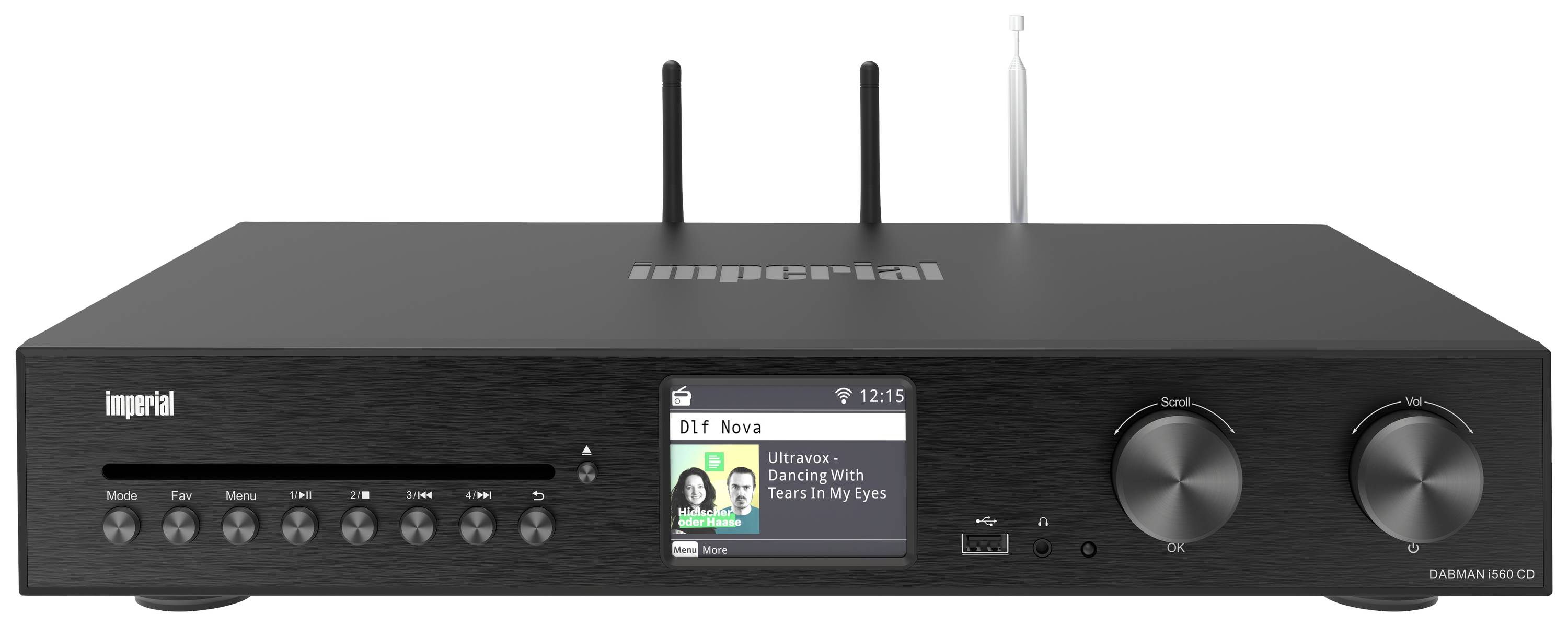A black music receiver with a display, rotary knobs and aerials. The display shows radio station information.