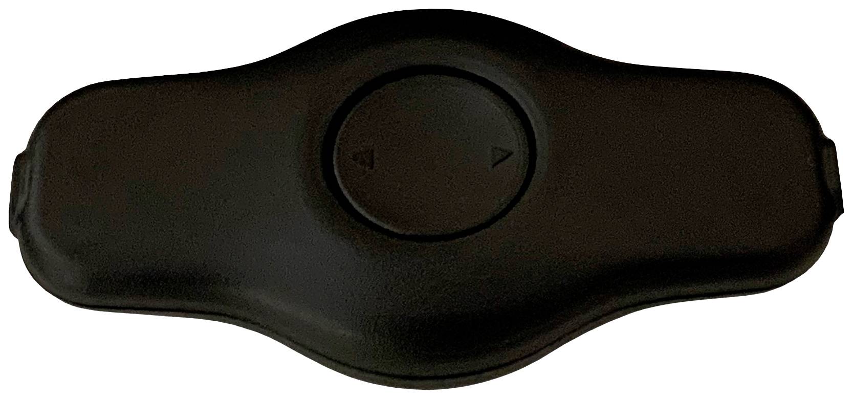 Black, round remote control with two triangular buttons, one pointing left, the other pointing right.
