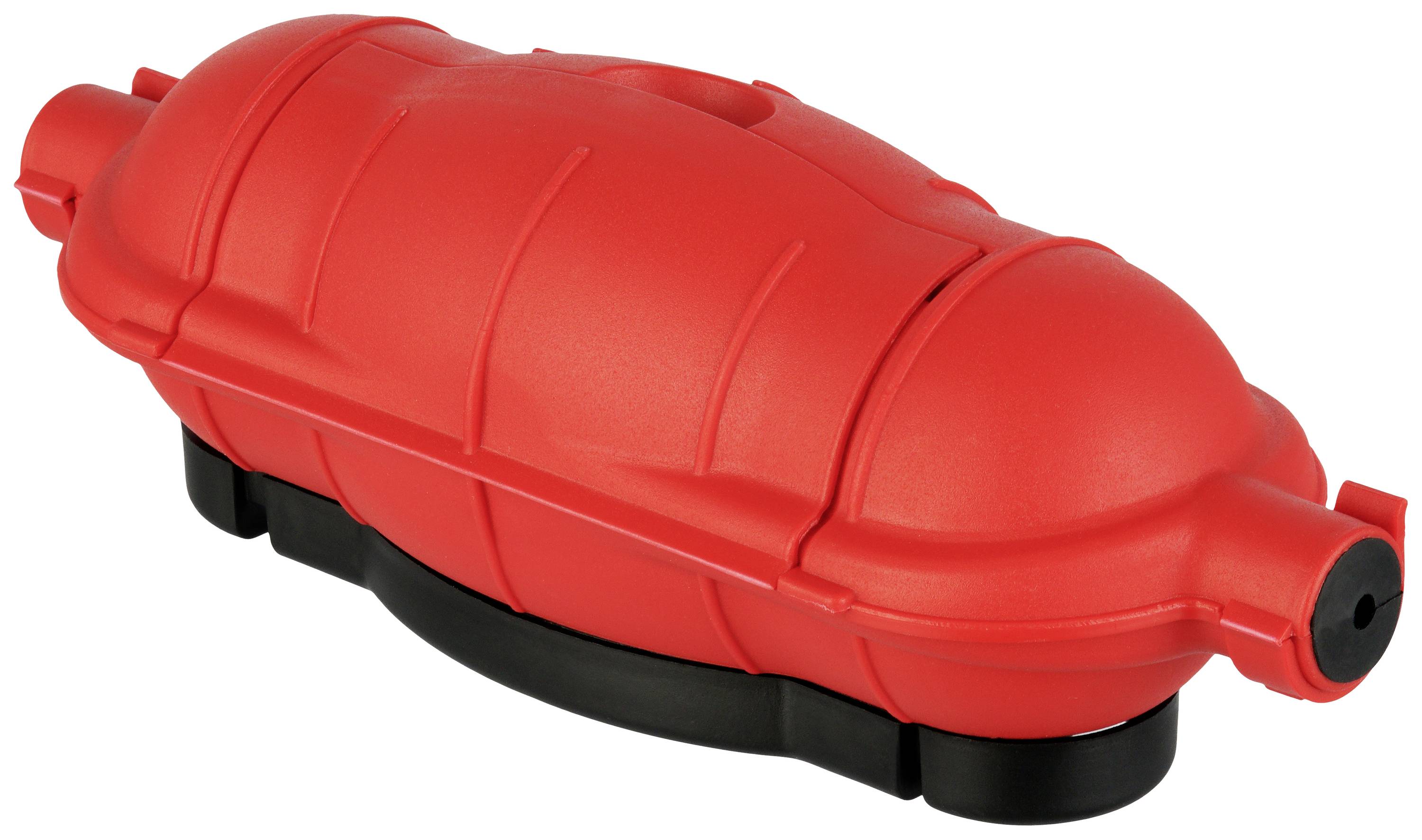 Red, oval plastic casing for an optical cable closure with multiple screw connections, designed to protect cable connections.