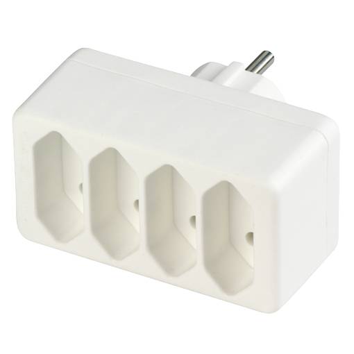 A white, triple socket adaptor with a round earthing pin, suitable for connecting multiple electrical devices to a single socket.