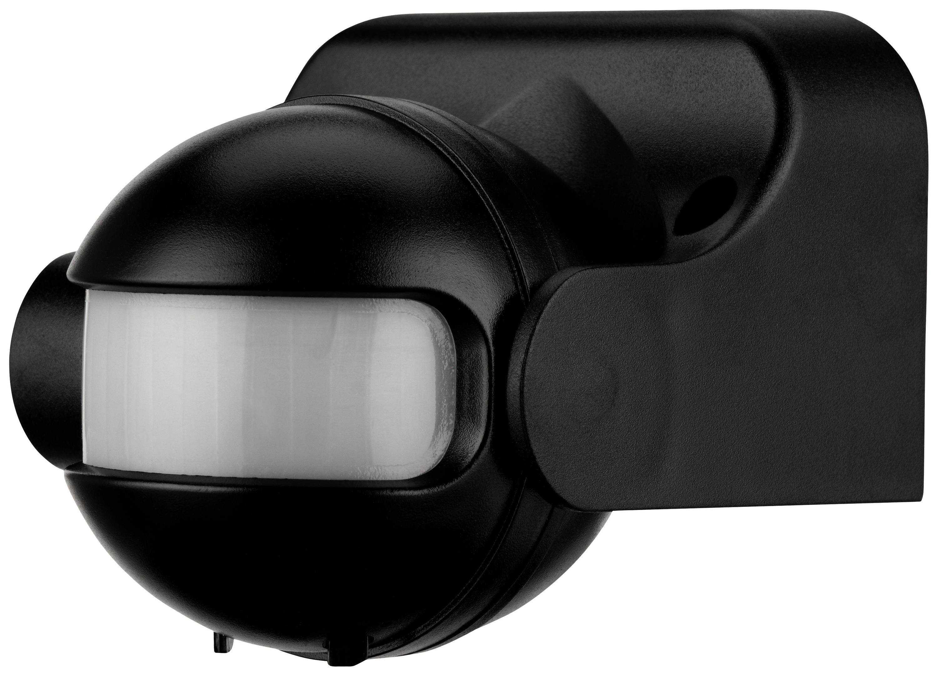 Motion sensor in black casing for wall mounting, with curved front lens for use in security systems.