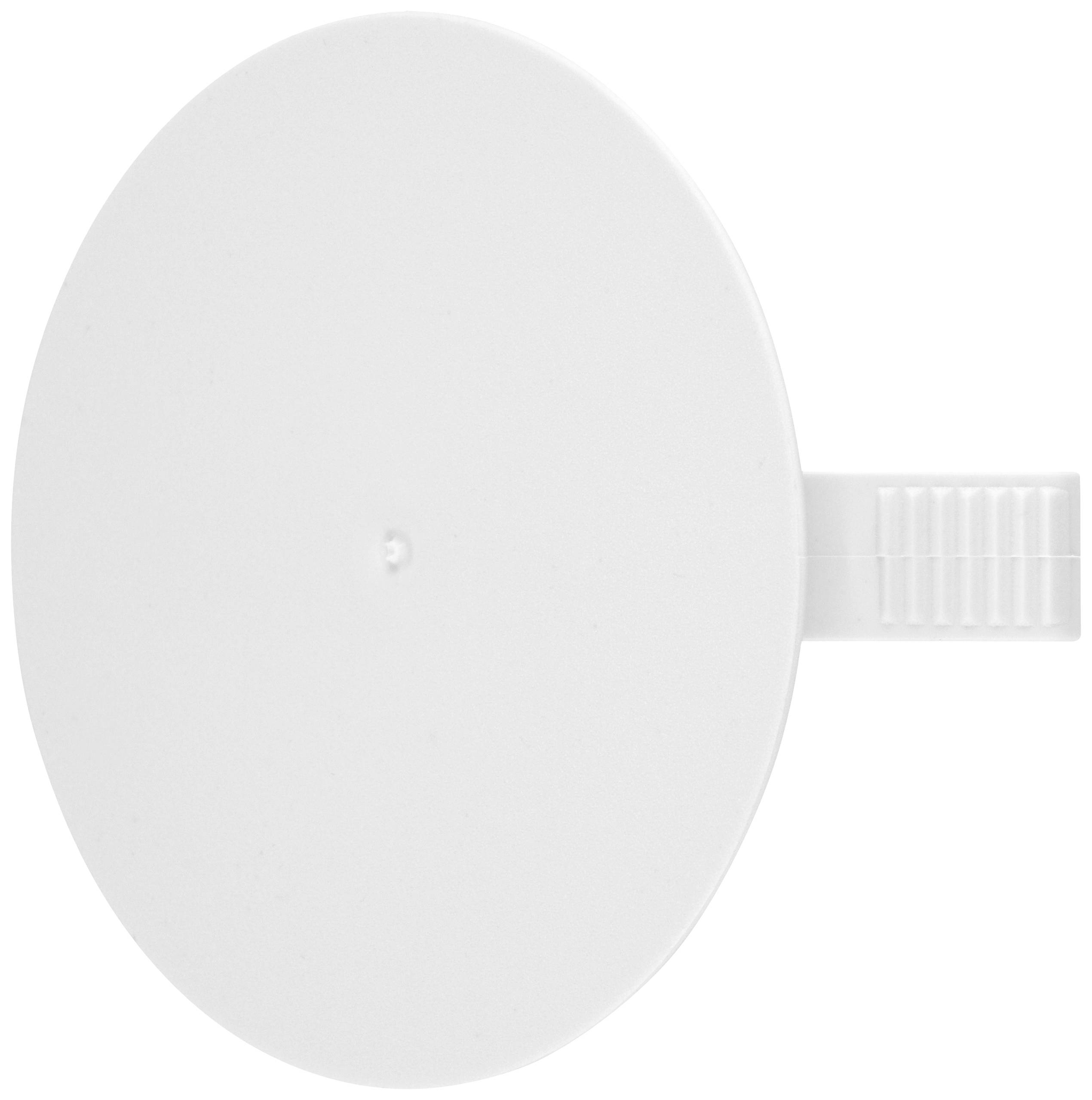 White round plastic plate with side handle.