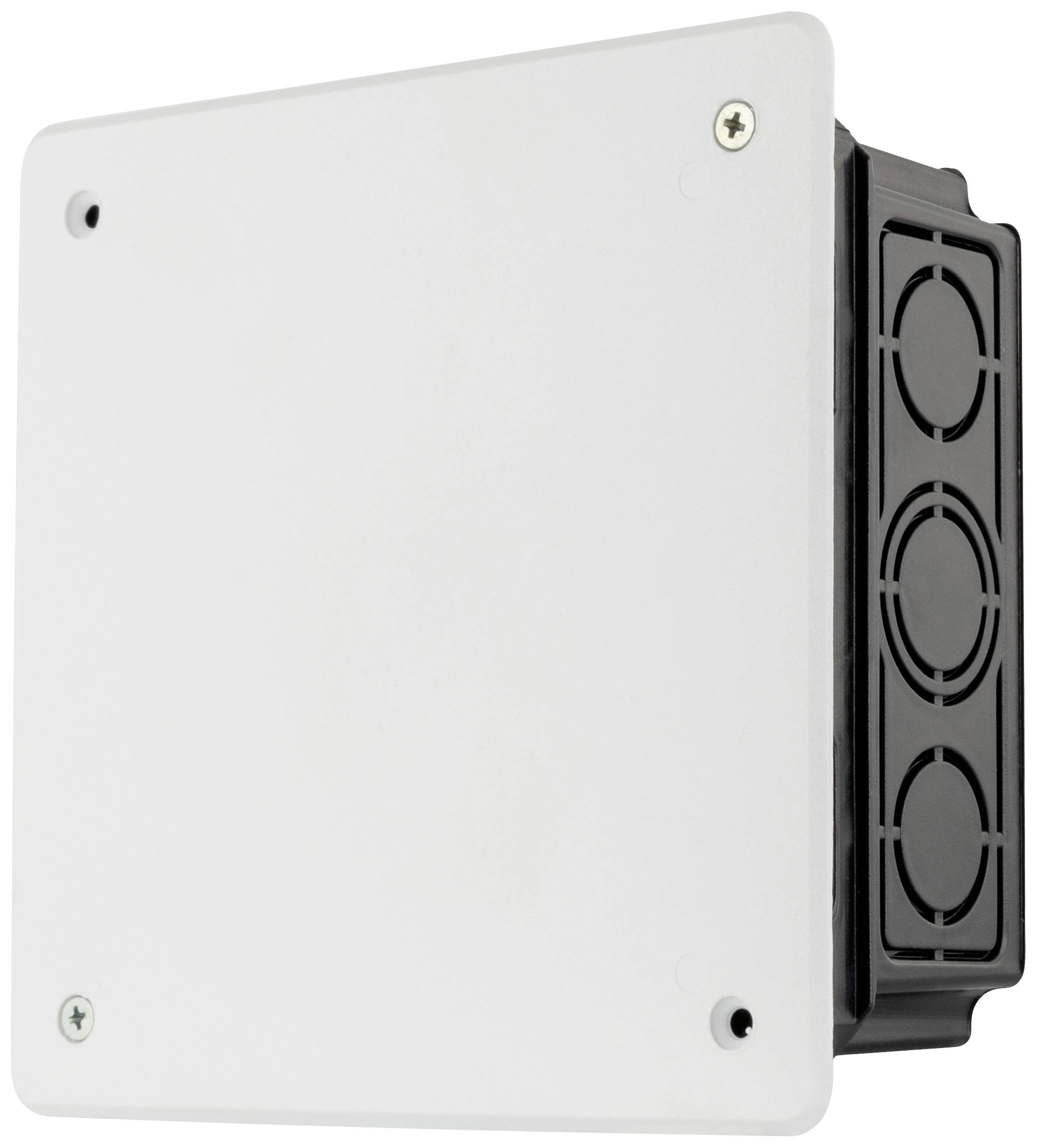 White junction box with removable cover and multiple screw openings, suitable for electrical connections and installations.