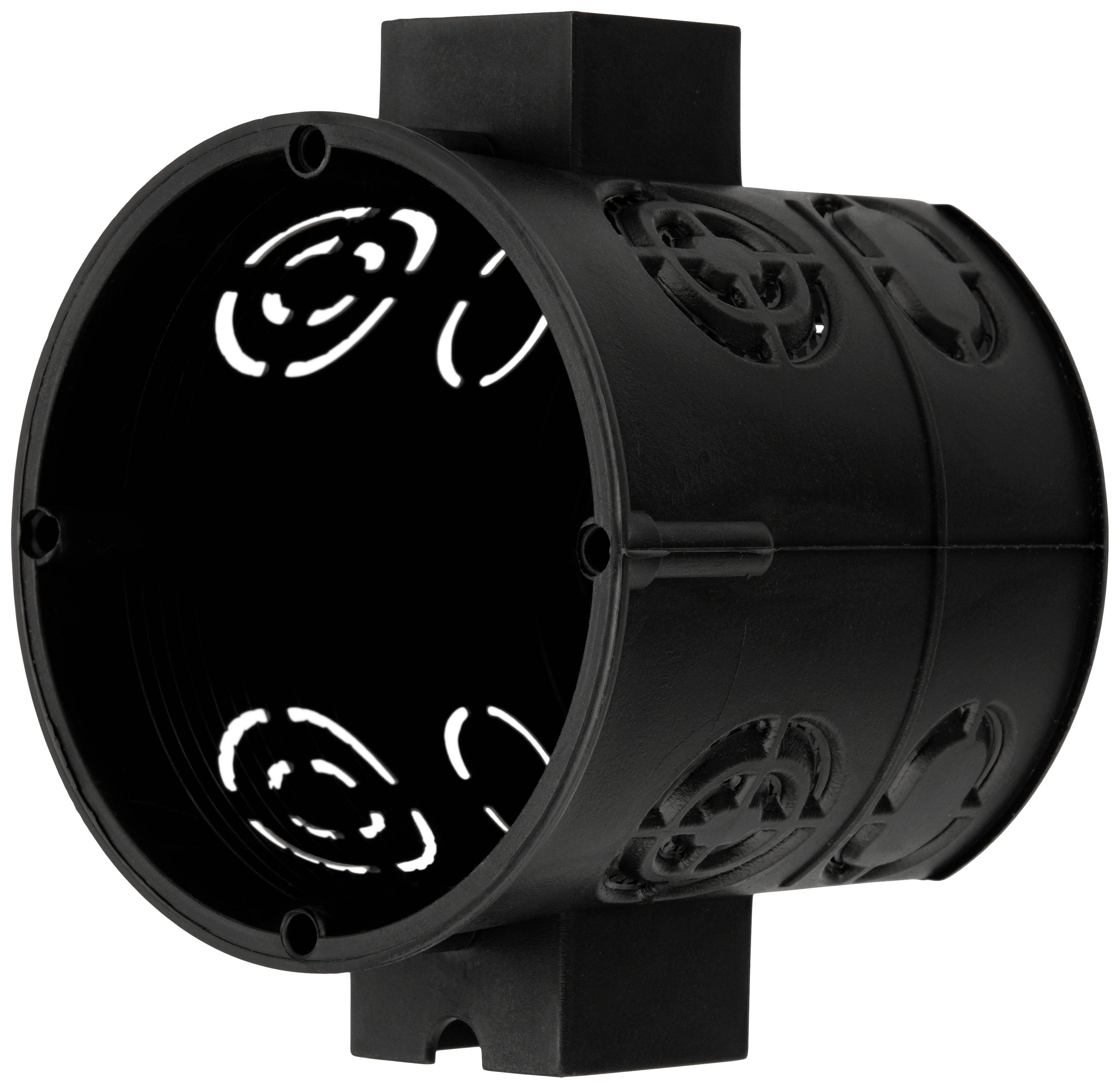 Black, cylindrical plastic conduit with side holes. Used for cable routing in plasterboard walls.