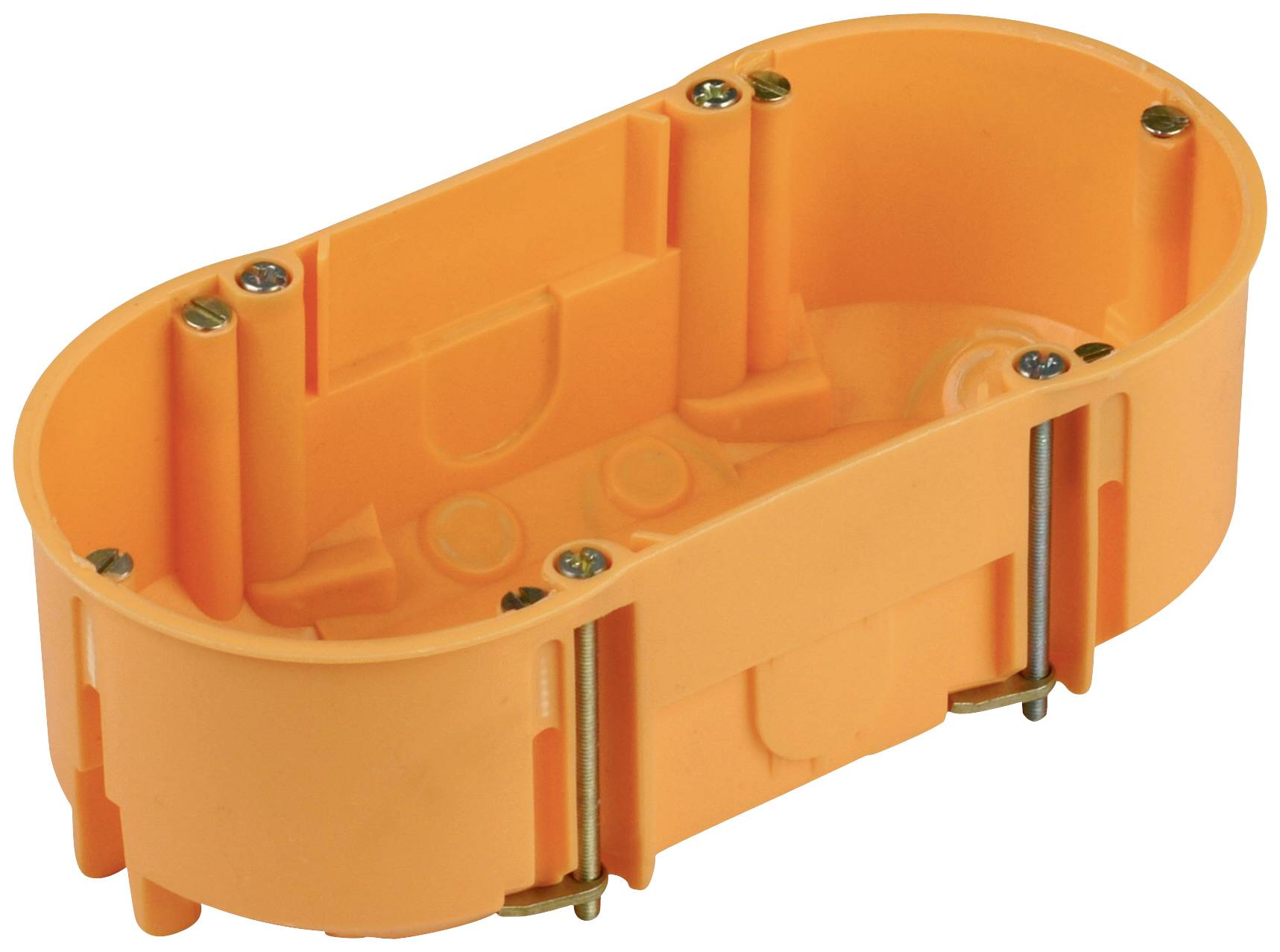 Orange, oval hollow wall box for electrical installations with six screw holes and two metallic mounting brackets.