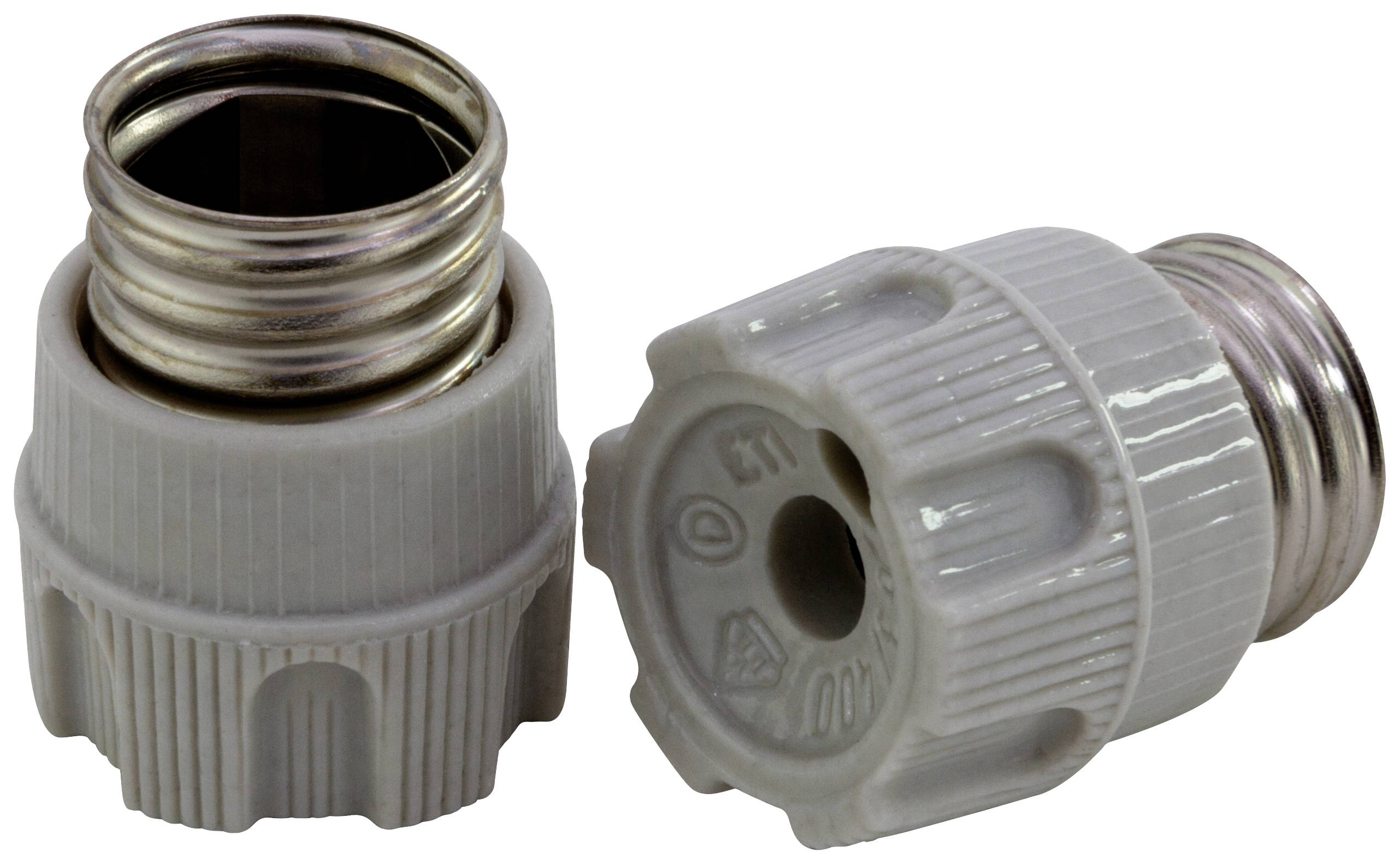 Two grey plastic adapters for lamps with metal threading, for converting E27 to another lamp socket.