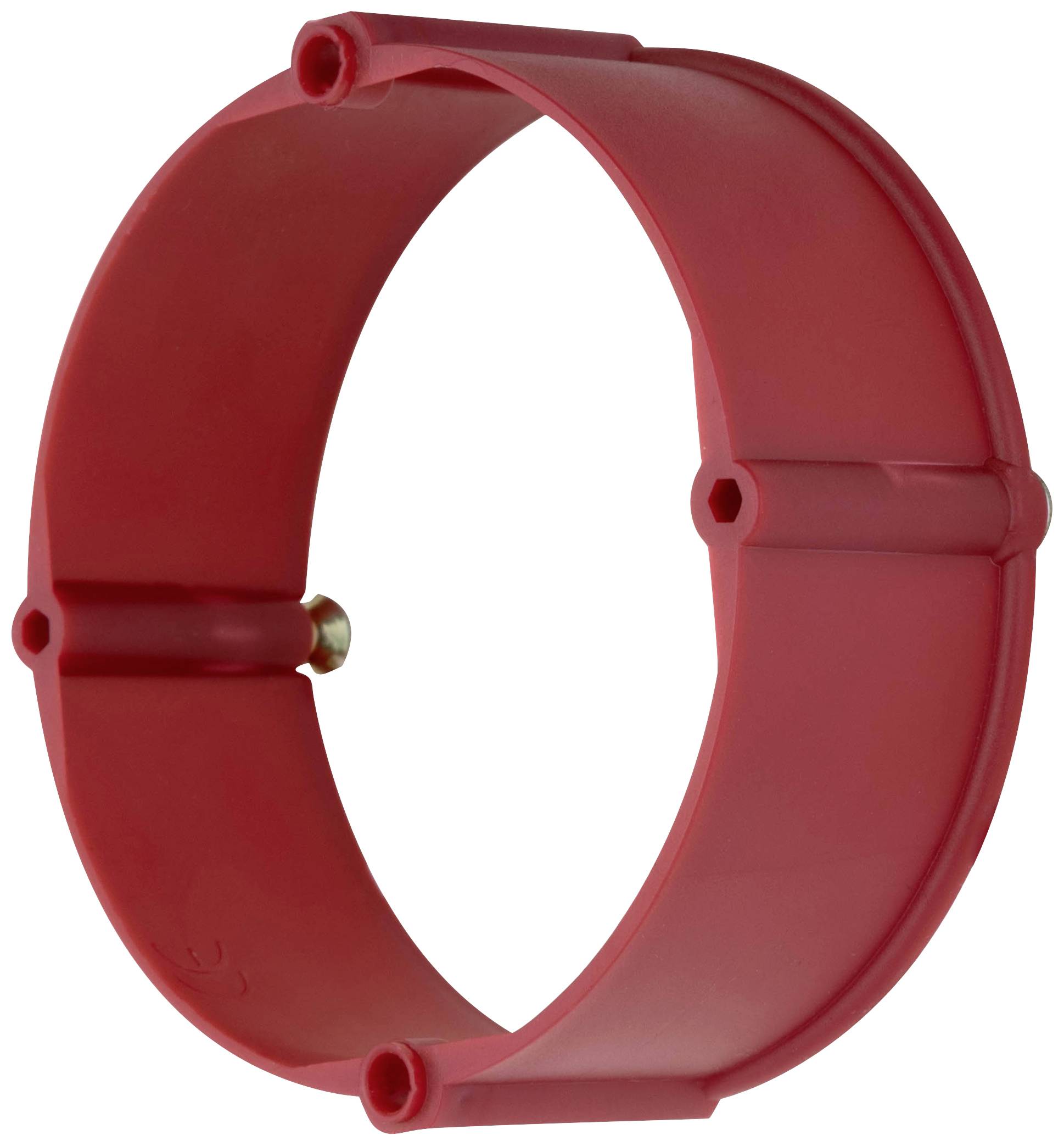 A red, round plastic ring with four evenly distributed openings and a small metallic pin on the inner side.