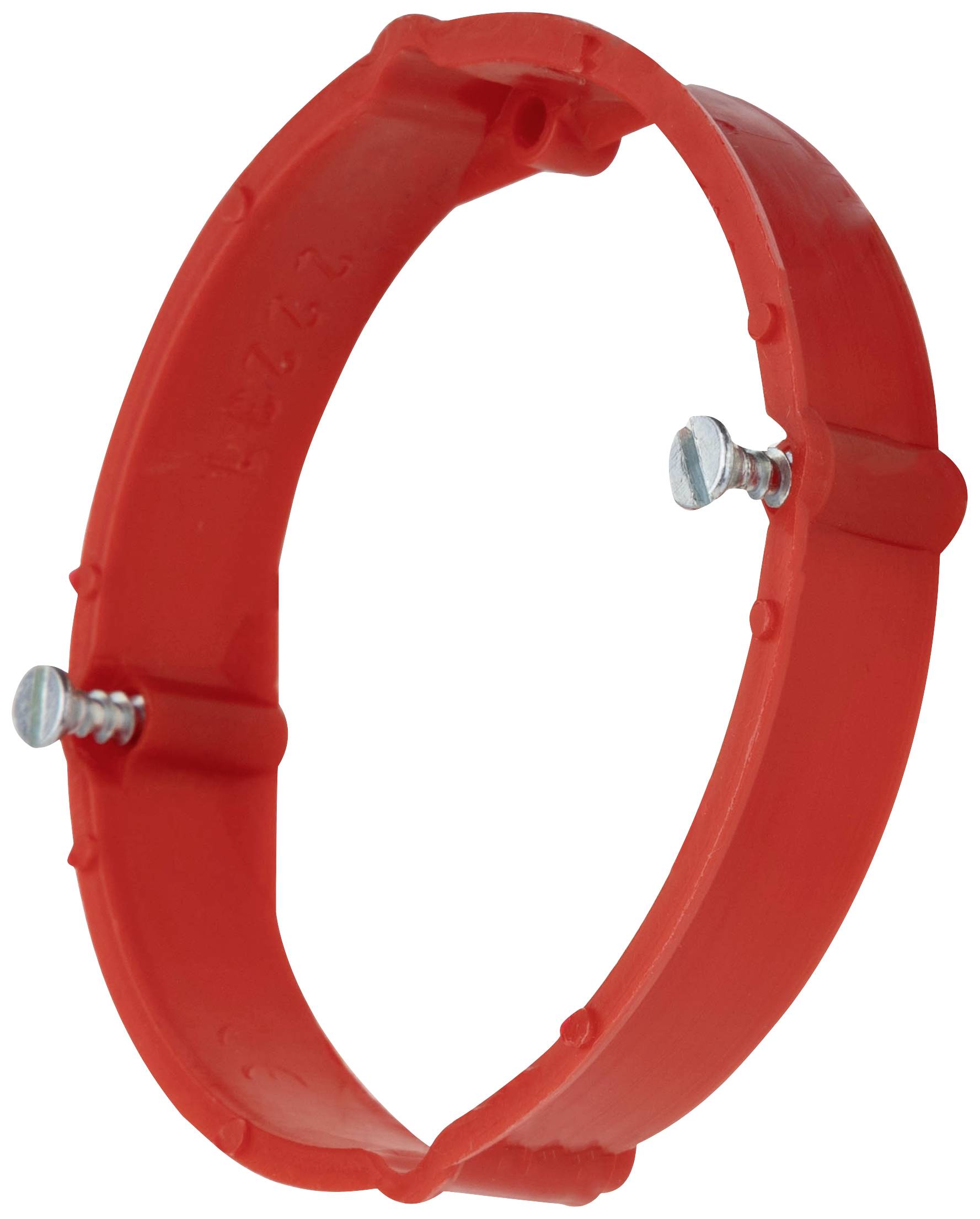 Red plastic ring with two metal screws fastened through the edge. The ring is smooth and circular in shape.