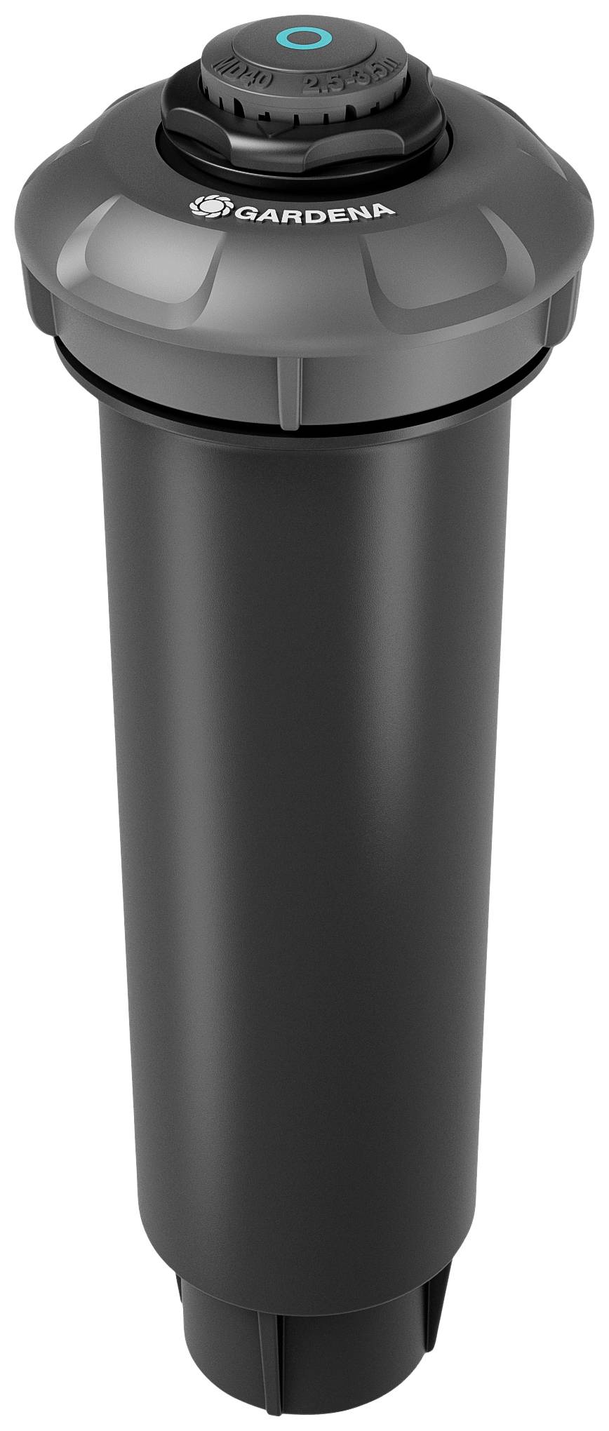 Black, cylindrical Gardena sprinkler head, suitable for garden irrigation systems, with an adjustable nozzle on top.