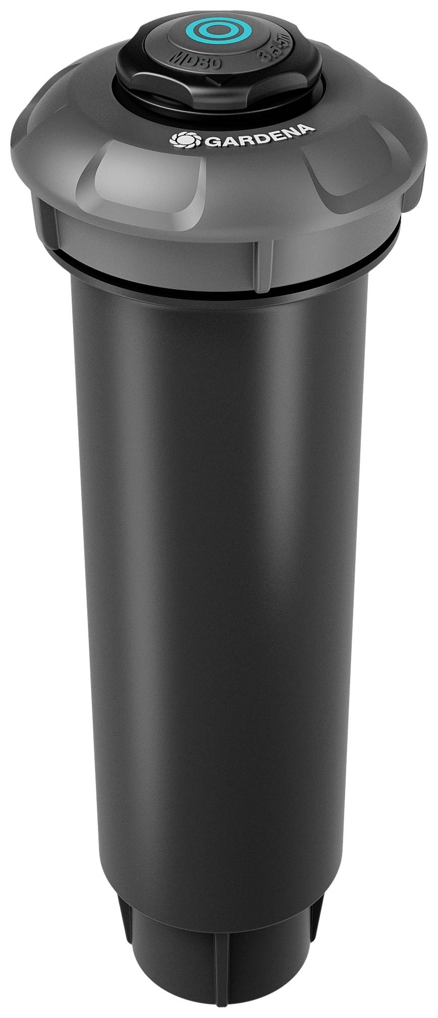 A black water sprinkler with a grey head by Gardena, suitable for garden irrigation. It has a compact and modern design.