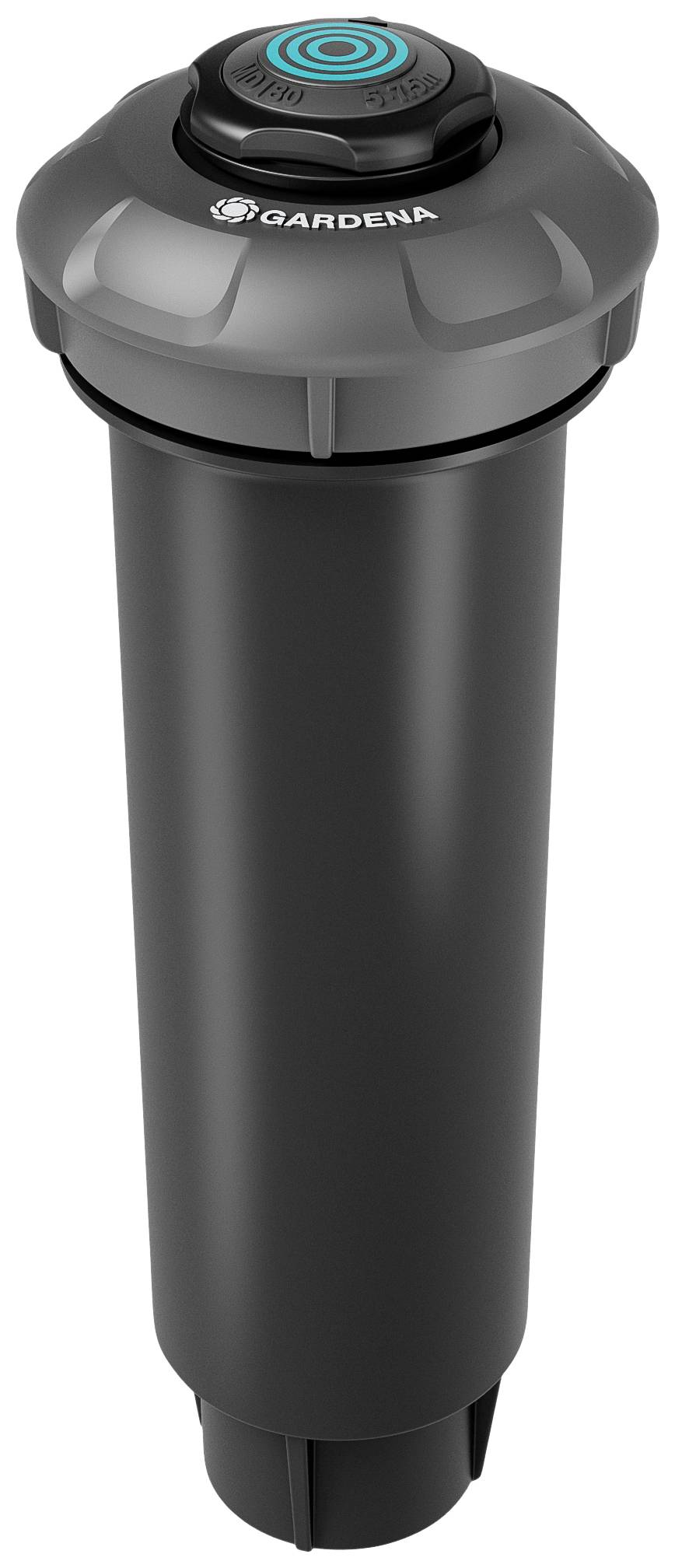 A black irrigation sprinkler with a grey border and blue button on the top. 'Gardena' marking on the casing.