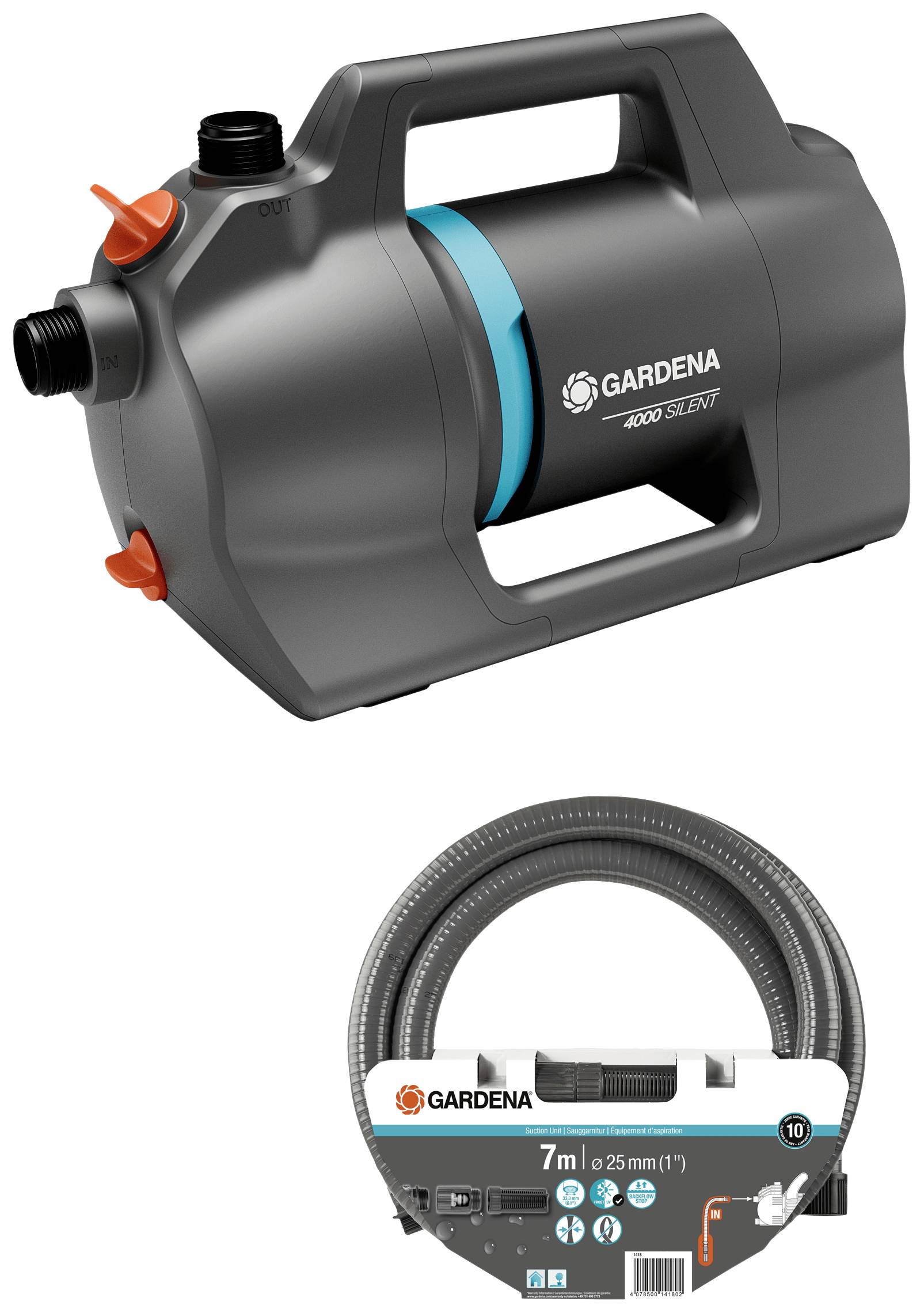 Gardena Water Pump, dark grey, Model 4000 Silent, with Hose Set (7 m long). Suitable for Garden Irrigation.