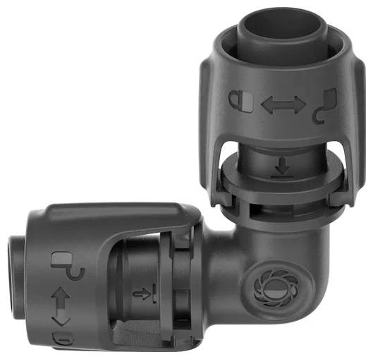 Grey pipe connector with L-shape, left-hand rotatable. Arrows and circular symbols on the surface indicate flow direction and connection options.
