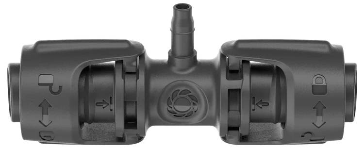 A grey plastic connector with arrows and symbols indicating the flow direction and locking mechanism.