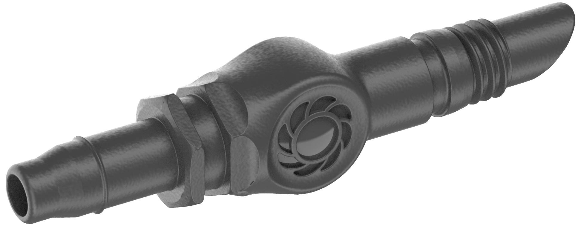 Black plastic valve with a cylindrical shape and spiral pattern in the centre, suitable for flexible hoses.