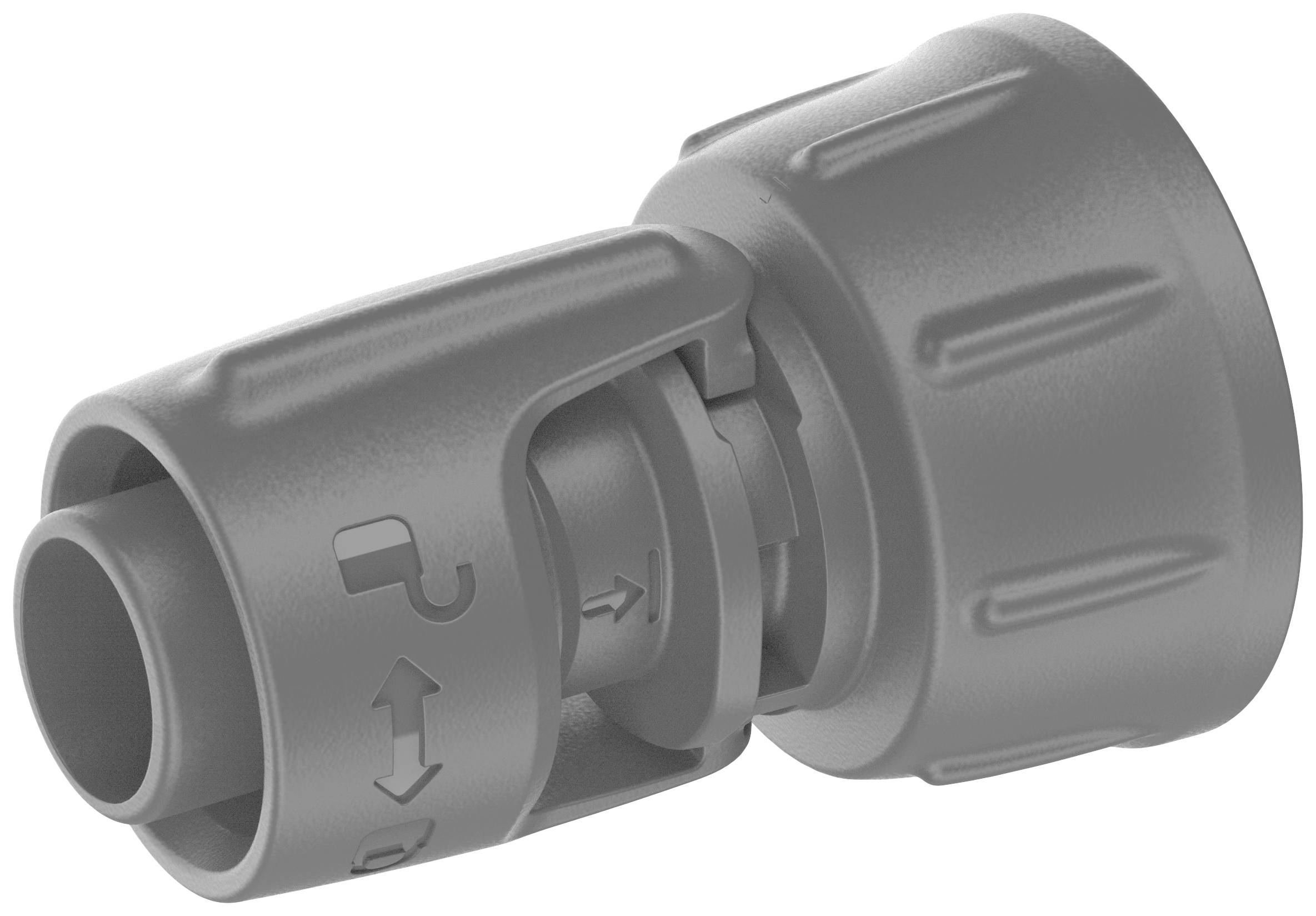 Grey, rotatable plastic connector with arrow symbols for connecting pipes or hoses, indicates the direction of connection.