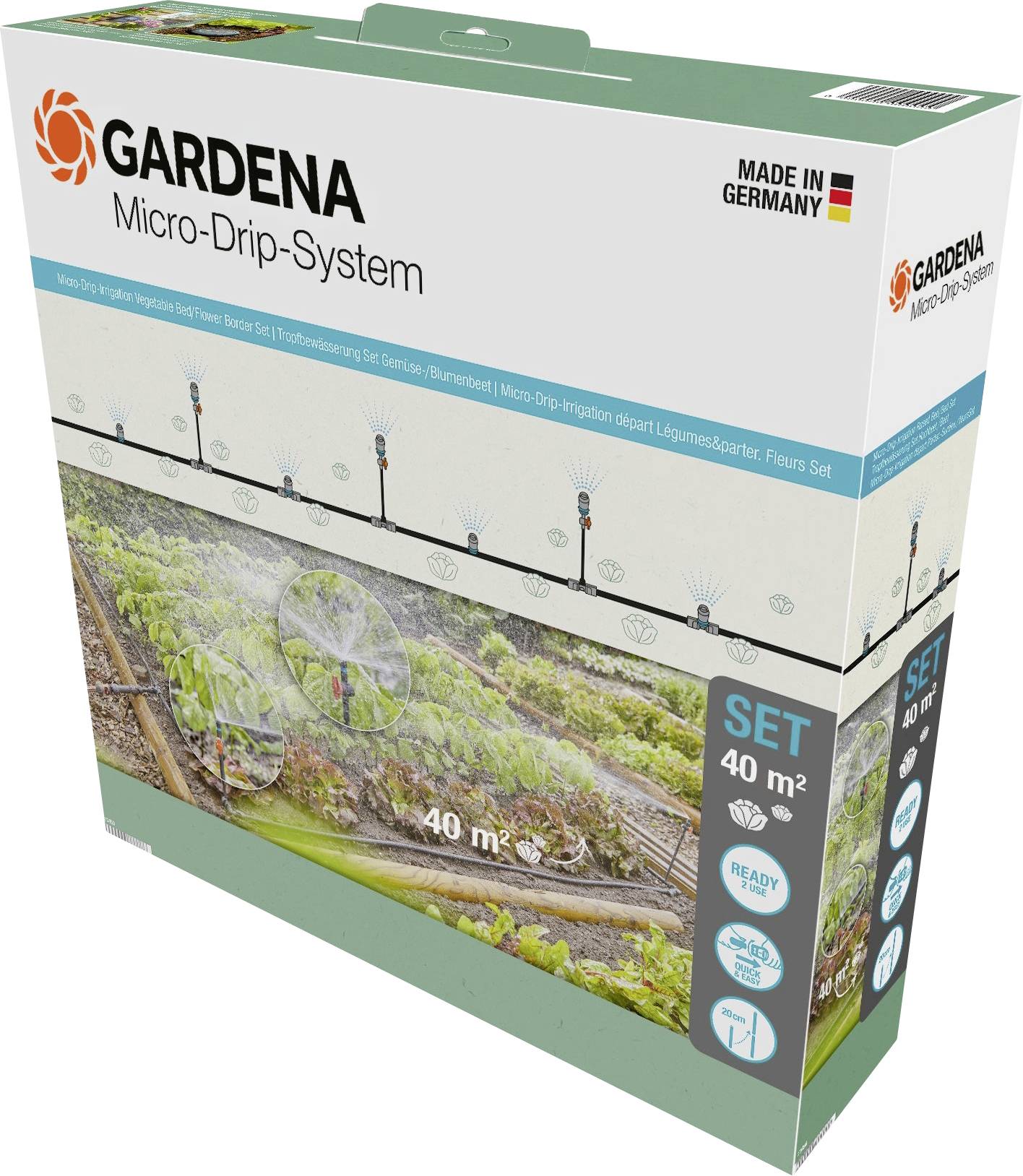 'GARDENA Micro-Drip-System' packaging box shows an illustration of garden irrigation setup for 40 m² area. Made in Germany.