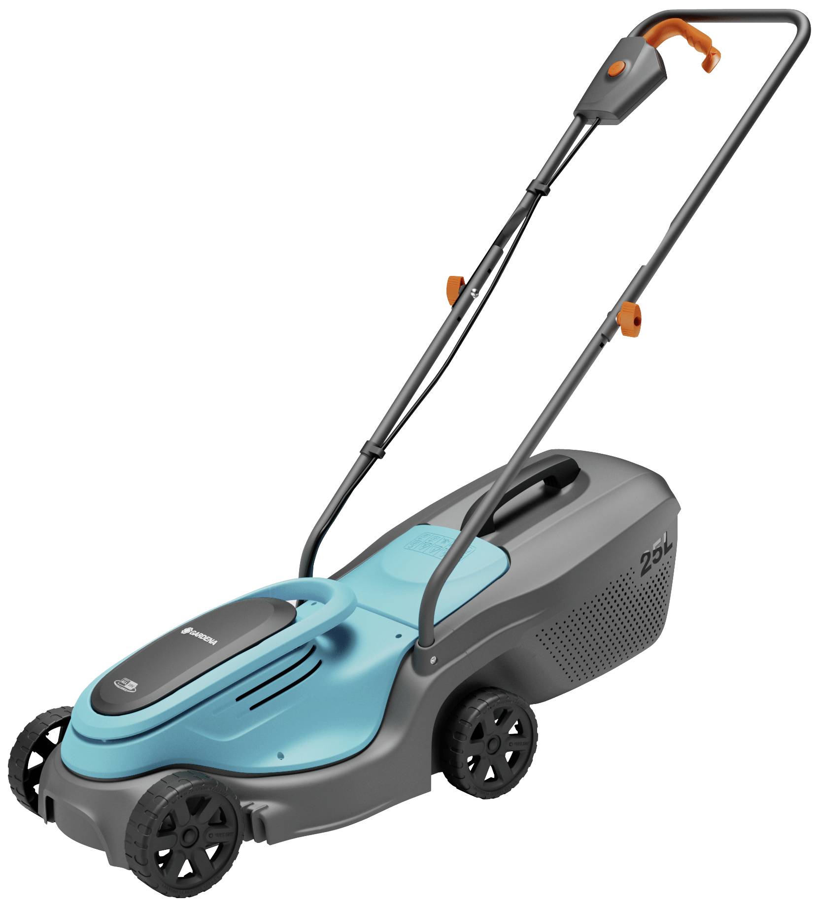 A blue and grey lawnmower with a handle and wheels, suitable for domestic use in a garden or lawn.