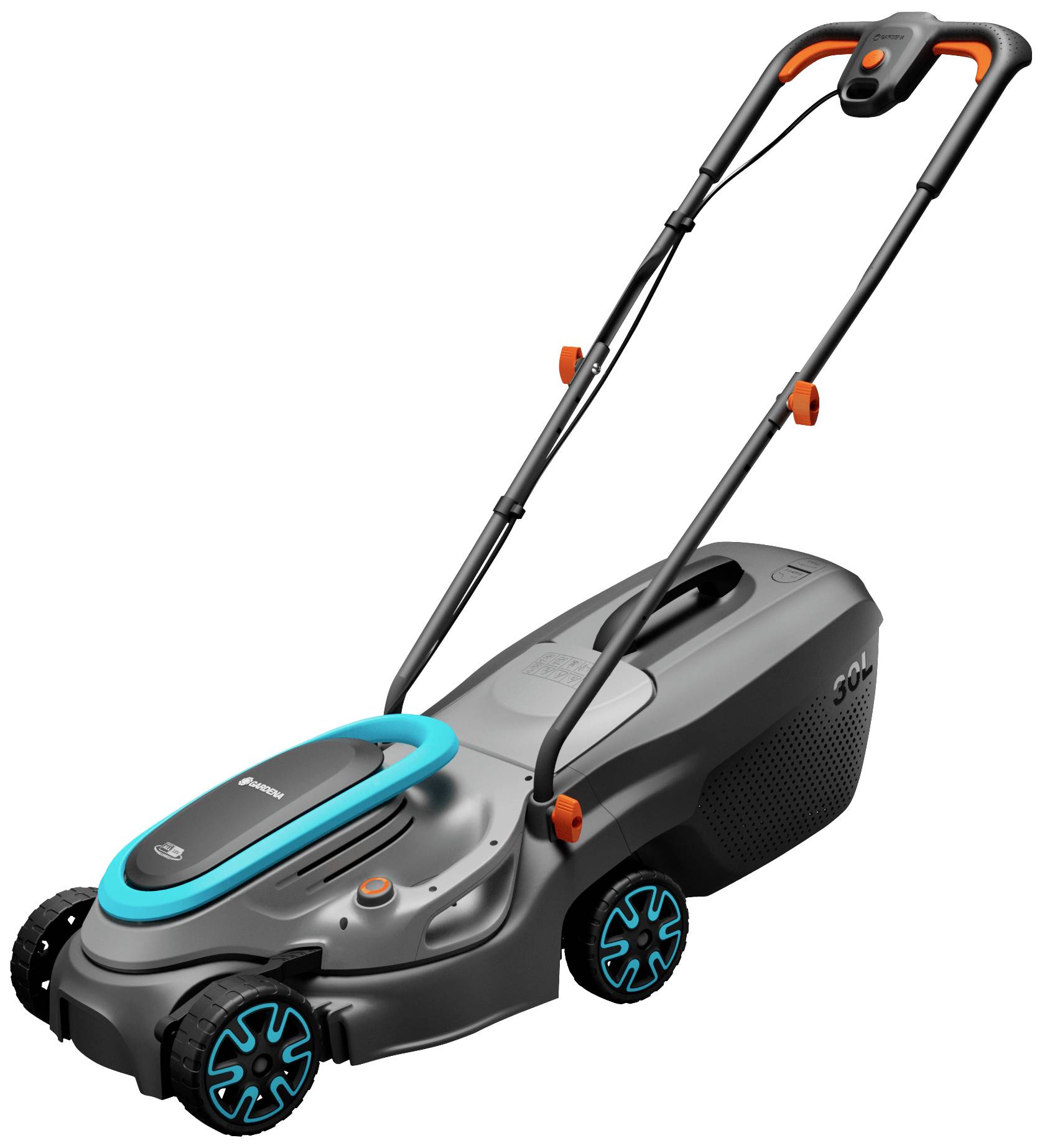 Electric lawn mower with ergonomic handle, grey casing and turquoise accents; four wheels and compact design.