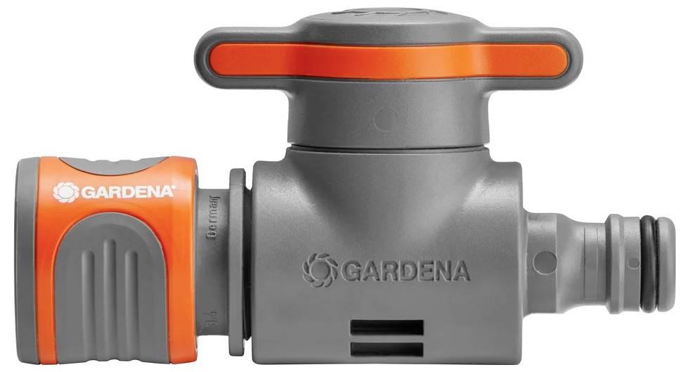 A garden hose connector with an orange and gray design, featuring a shut-off valve for adjustable water flow.