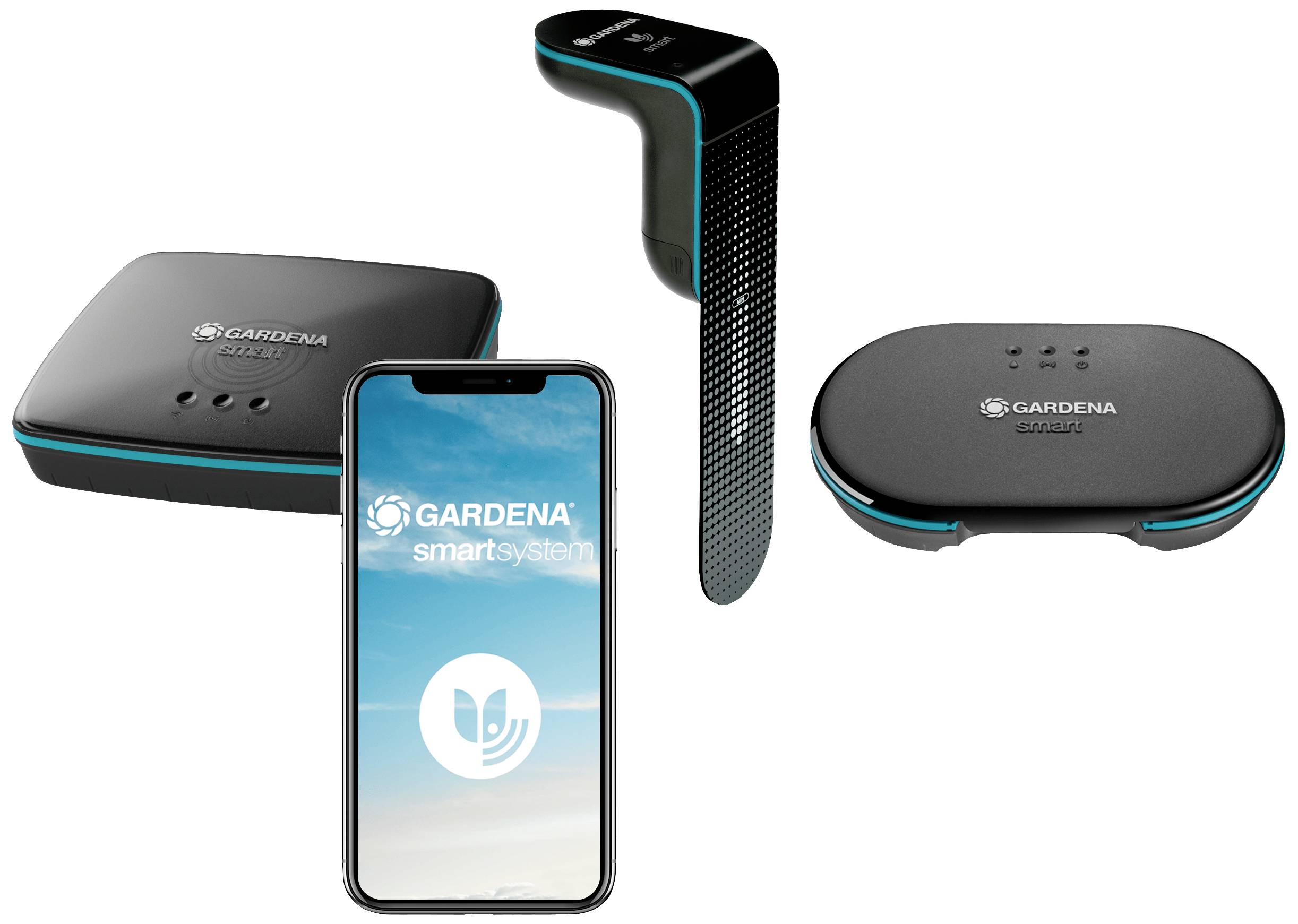 Diverse Gardena smart devices, including an app on a smartphone screen, showcase an interconnected garden system.