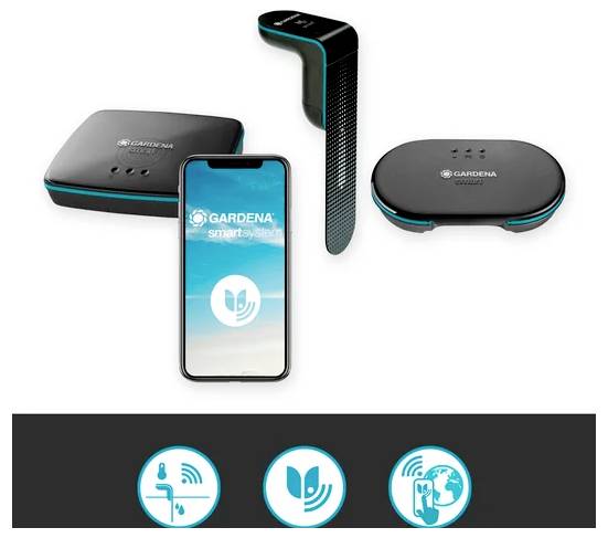 Gardening smart hub system showing four devices: a hub, sensor, water control, and smartphone app. Icons below indicate irrigation, plant care, and connectivity.