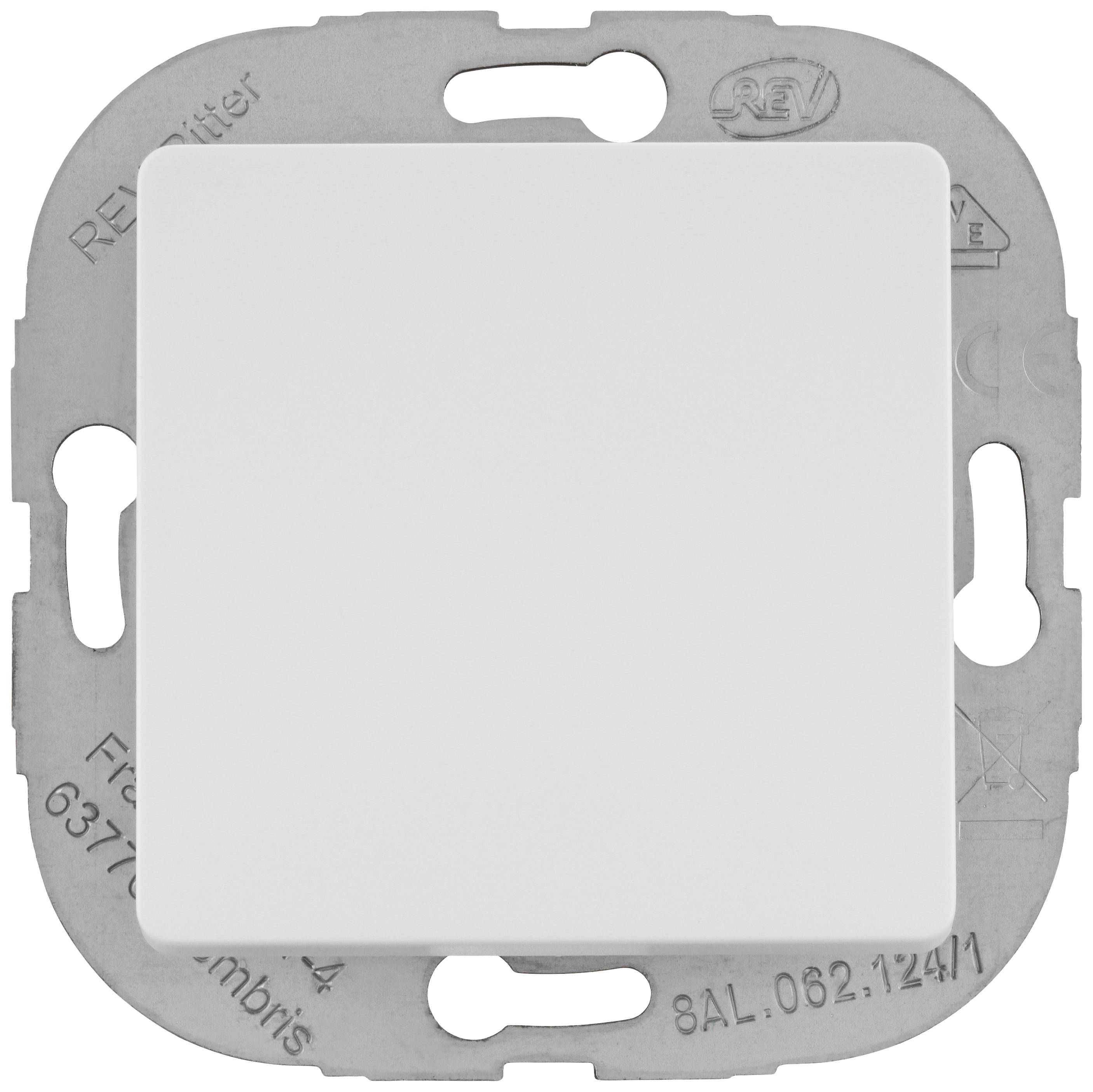 A white light switch with a square design and rounded corners mounted on a metallic mounting frame.