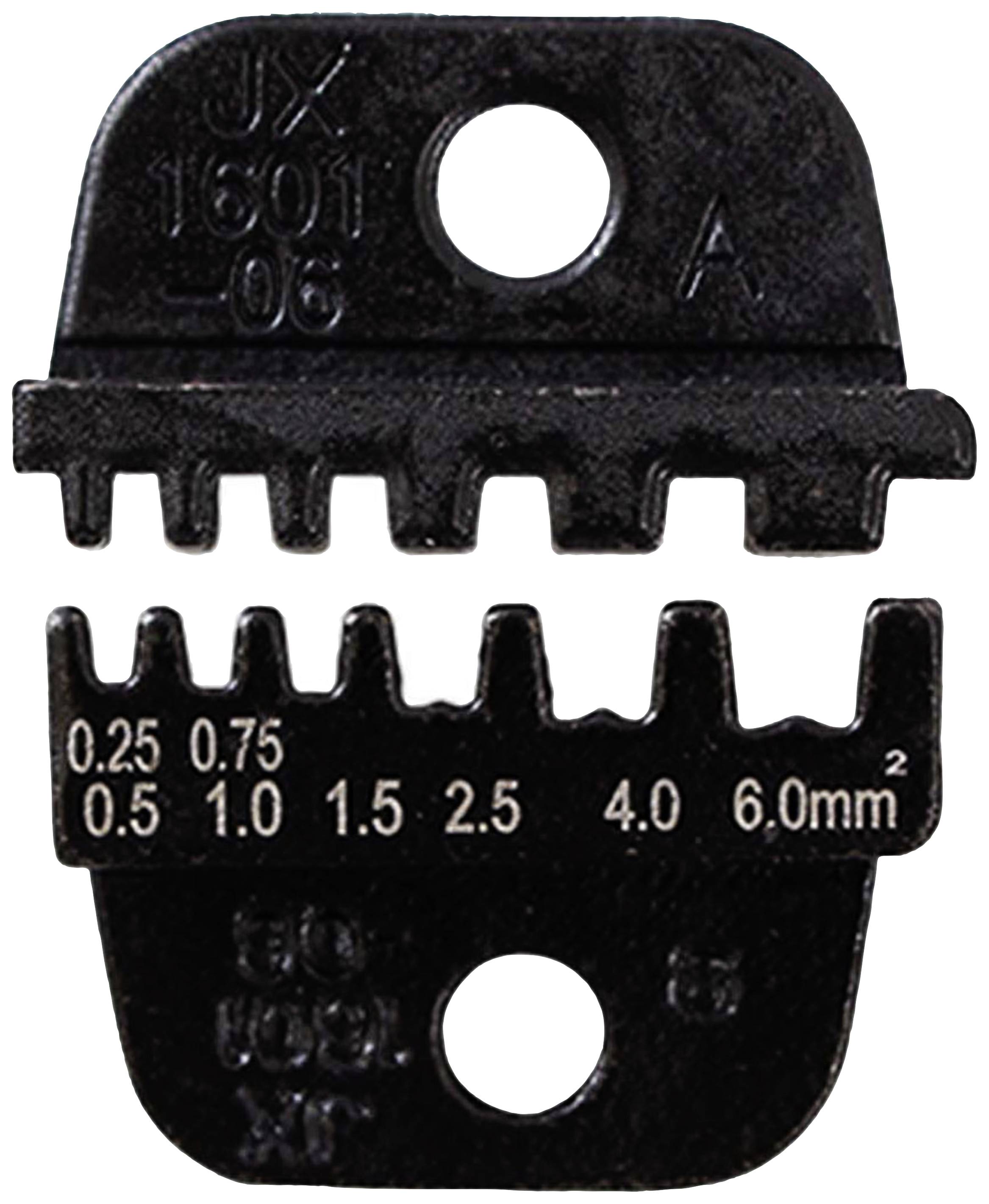 Black metal cable measuring tool with serrated pattern and measurement markings in millimetres from 0.25 to 6.0.