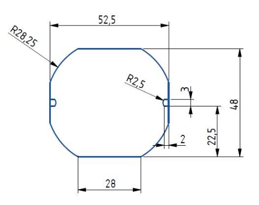 Technical drawing shows a shape with several dimensions: width 52.5, height 48, radii R28.25 and R2.5.