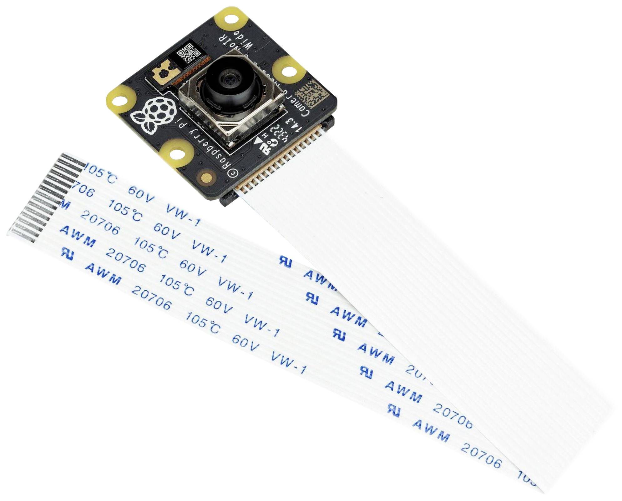 Small circuit board camera with a flat ribbon cable, suitable for Raspberry Pi. It has numerous small connectors and is situated on a black circuit board.