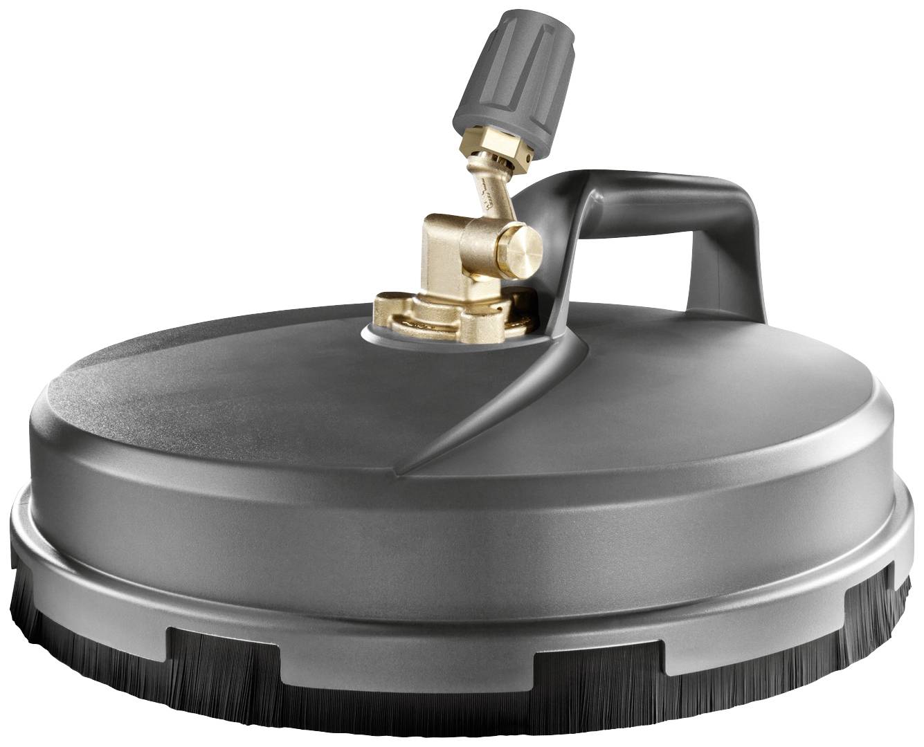 Grey metallic round nozzle attachment with handle and brush, suitable for cleaning floors; upper nozzle adjustable.