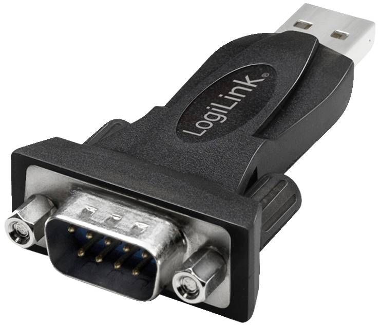 LogiLink USB to RS232 Adapter, black housing, enables connection between a USB port and a serial RS232 port.